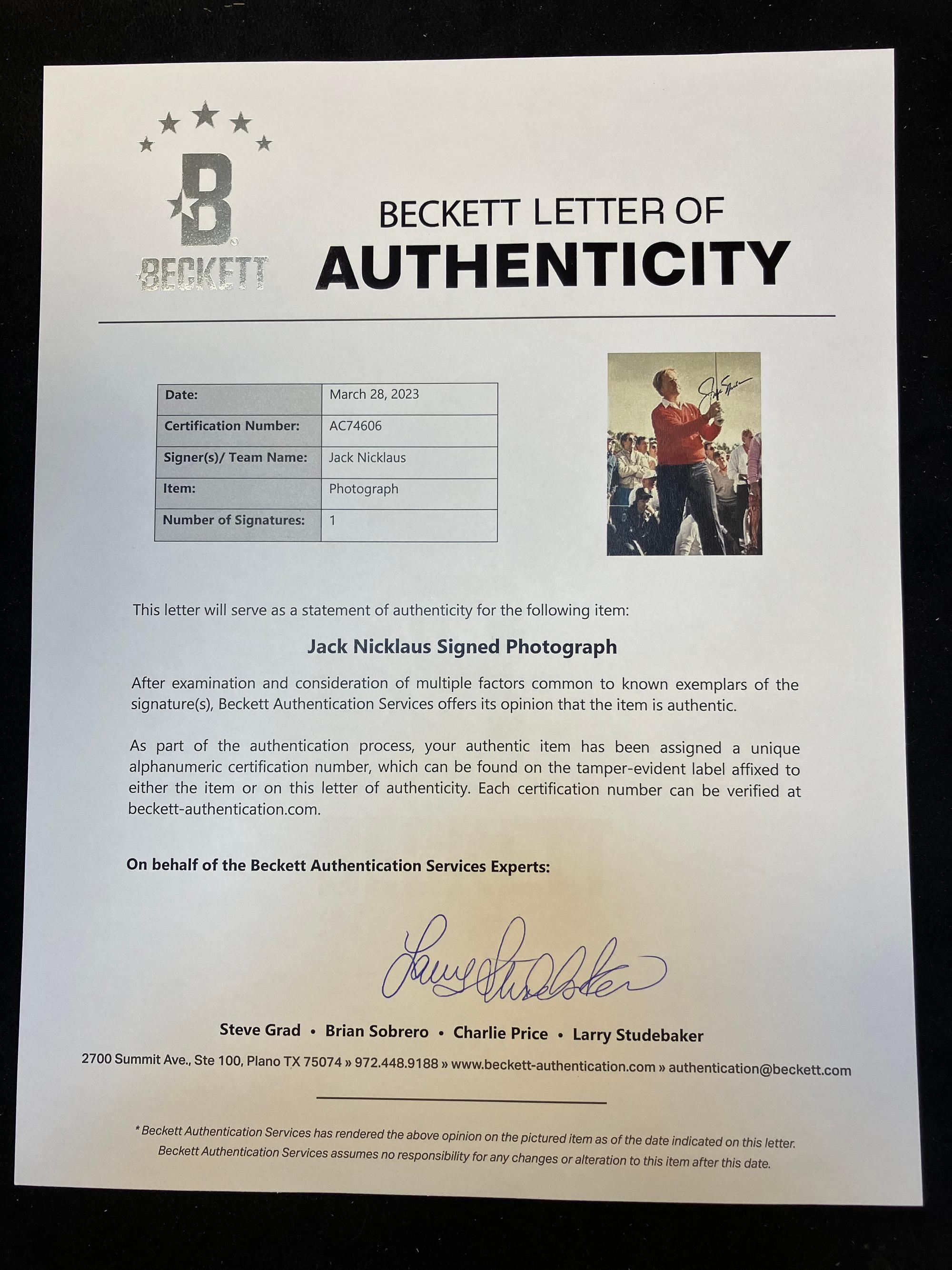 A Group of Jack Nicklaus and Arnold Palmer Signed Autograph Items (Beckett Authentication Services Letters),
