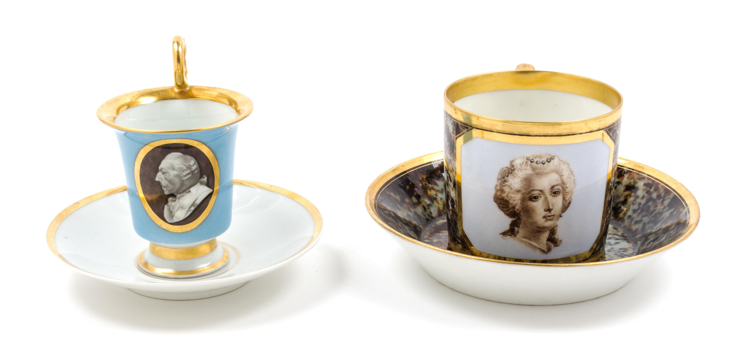 Two Paris Porcelain Cup and Saucer Sets Height of larger 3 1/8 inches. — 19TH CENTURY