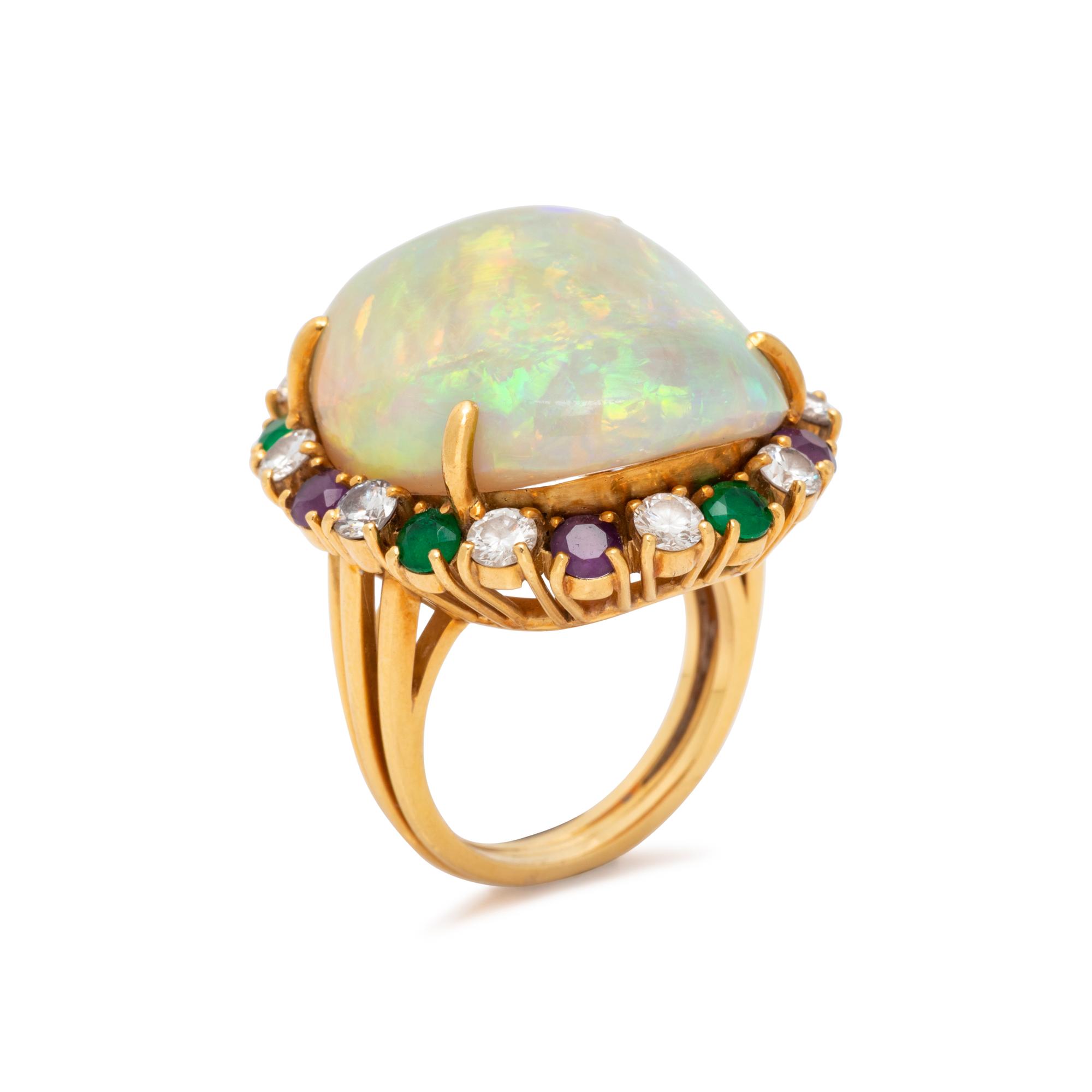 RAYMOND YARD, OPAL, DIAMOND, EMERALD AND AMETHYST RING