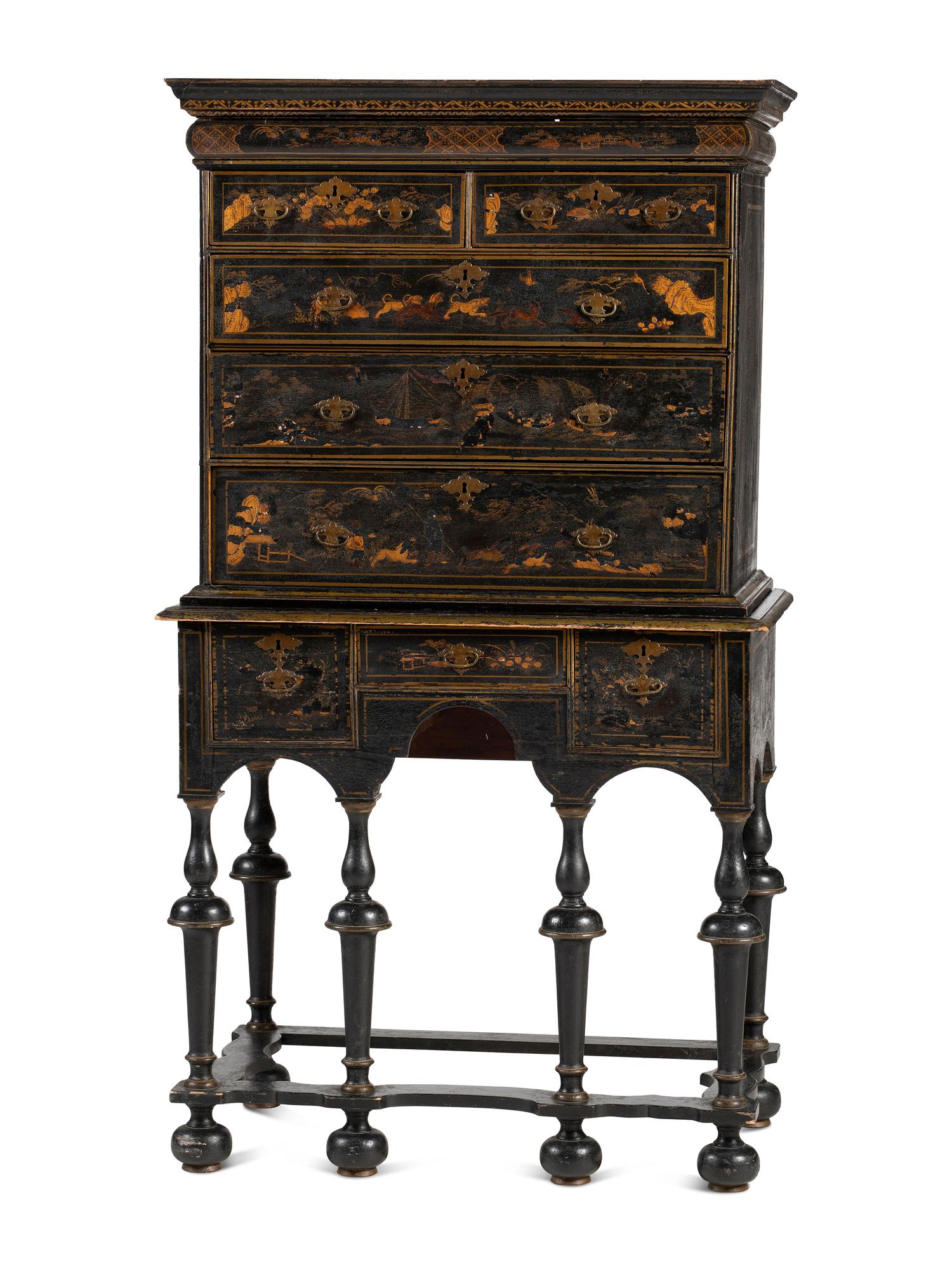 A William and Mary Japanned Maple and Pine Flat-Top High Chest