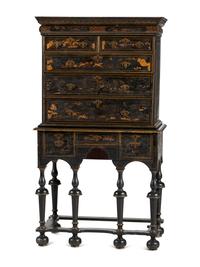 A William and Mary Japanned Maple and Pine Flat-Top High Chest