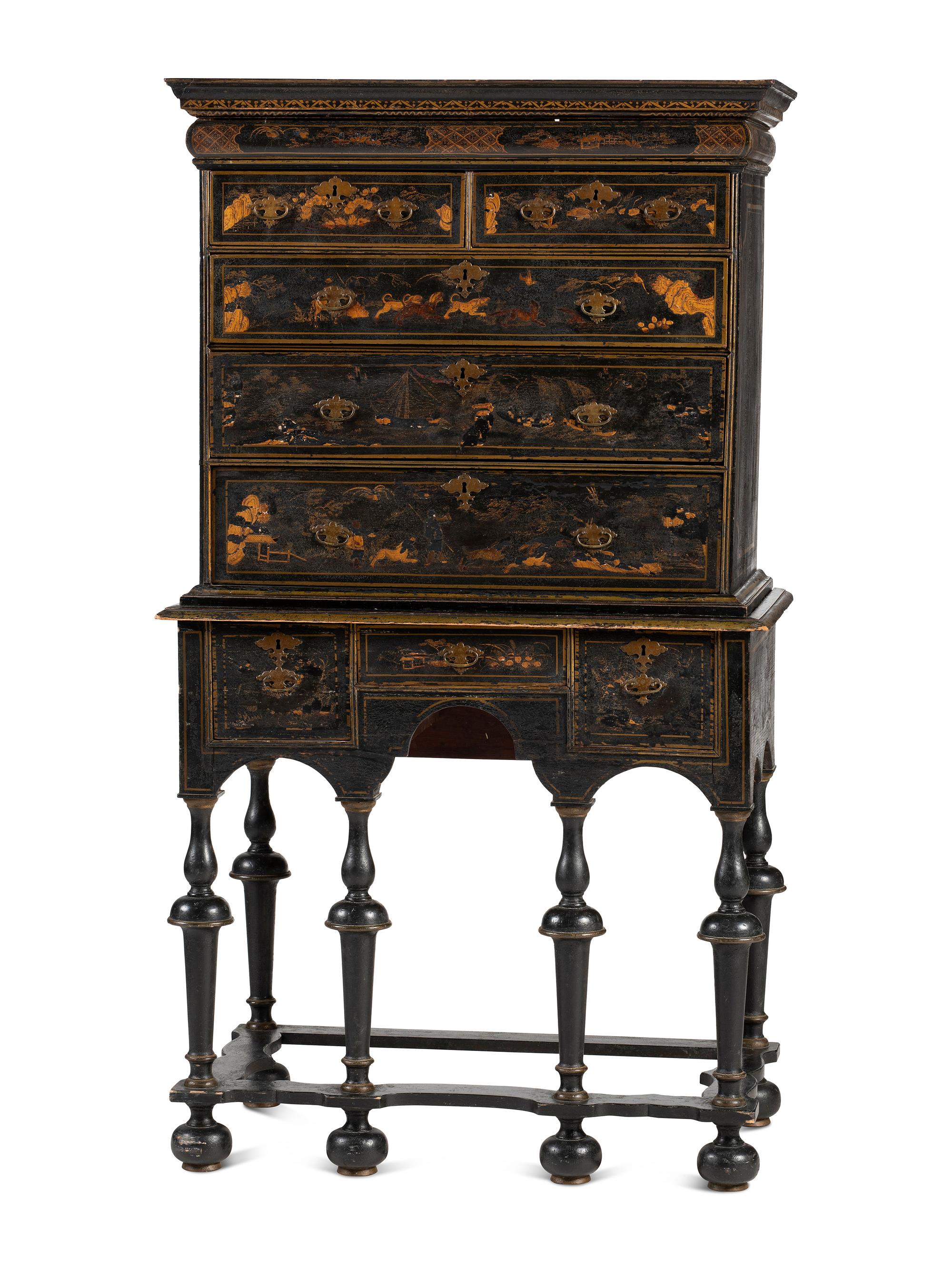 A William and Mary Japanned Maple and Pine Flat-Top High Chest