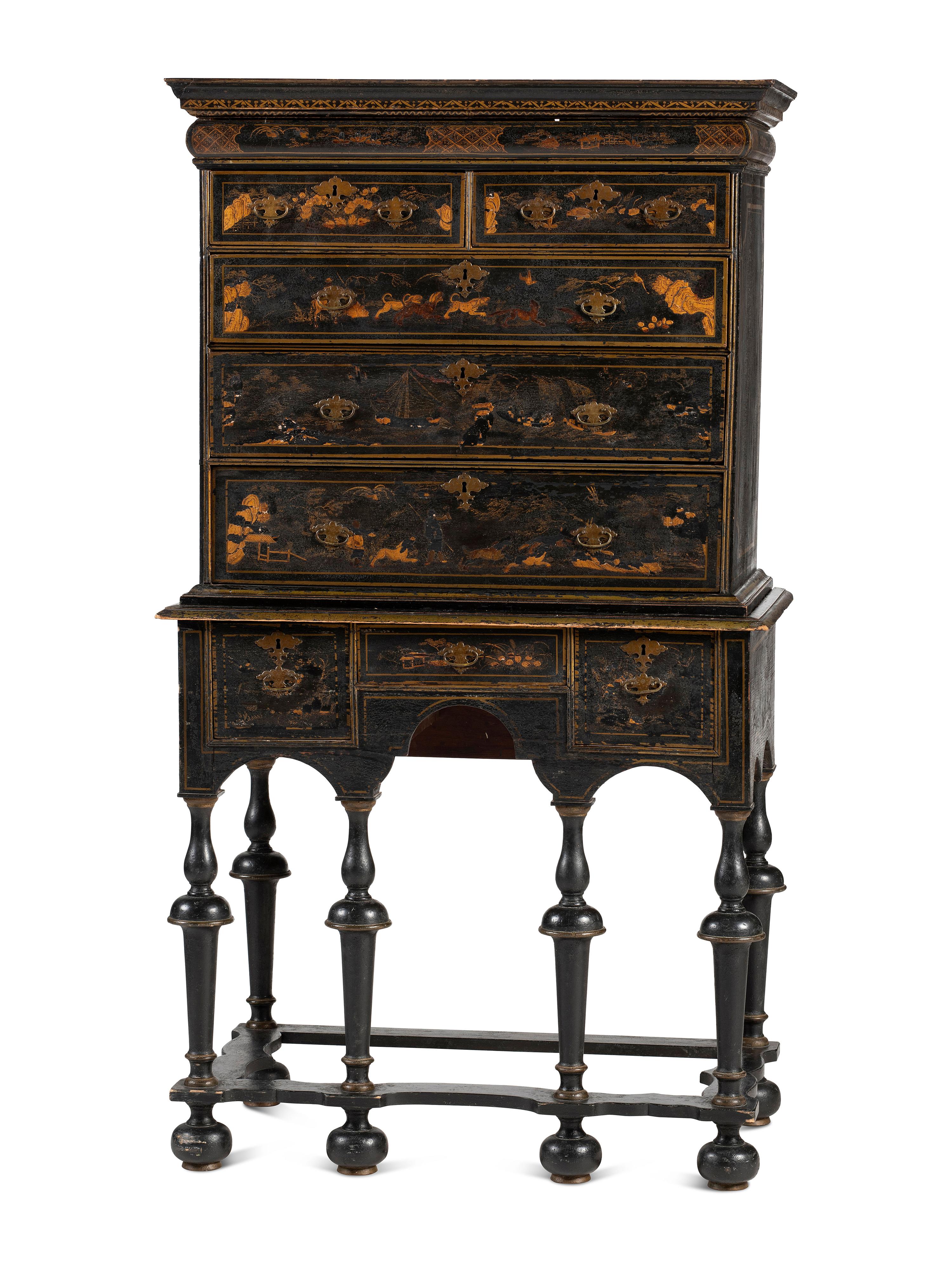 A William and Mary Japanned Maple and Pine Flat-Top High Chest