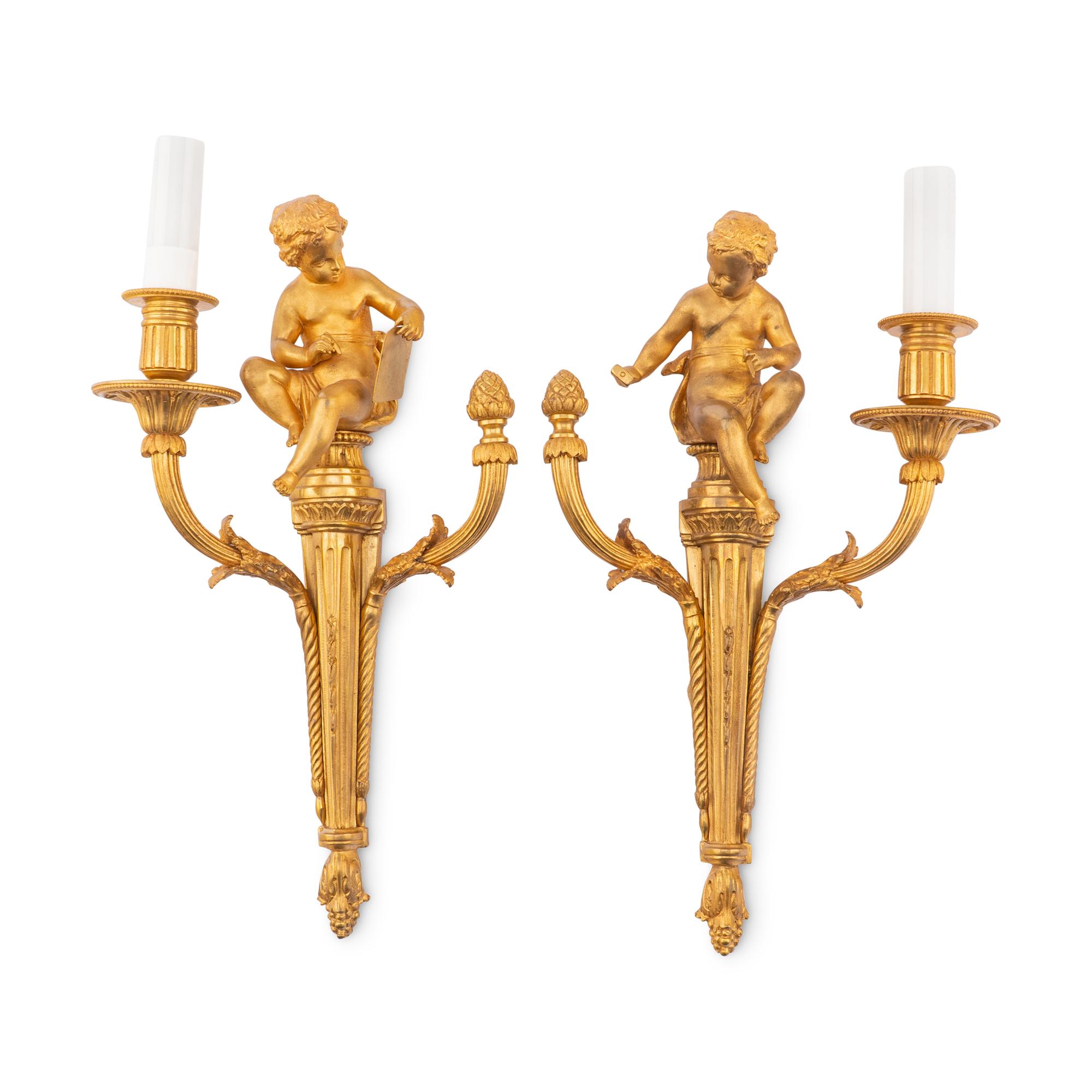 A Pair of French Gilt Bronze Figural Single-Light Sconces