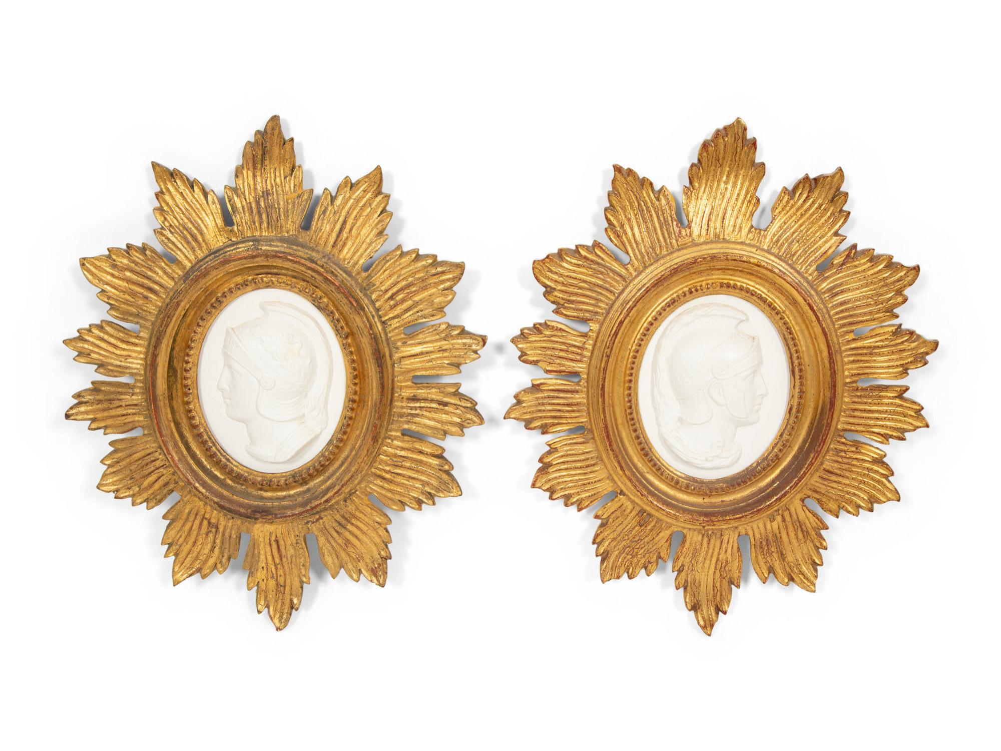 A Pair of Italian Bisque Portrait Medallions in Giltwood Frames