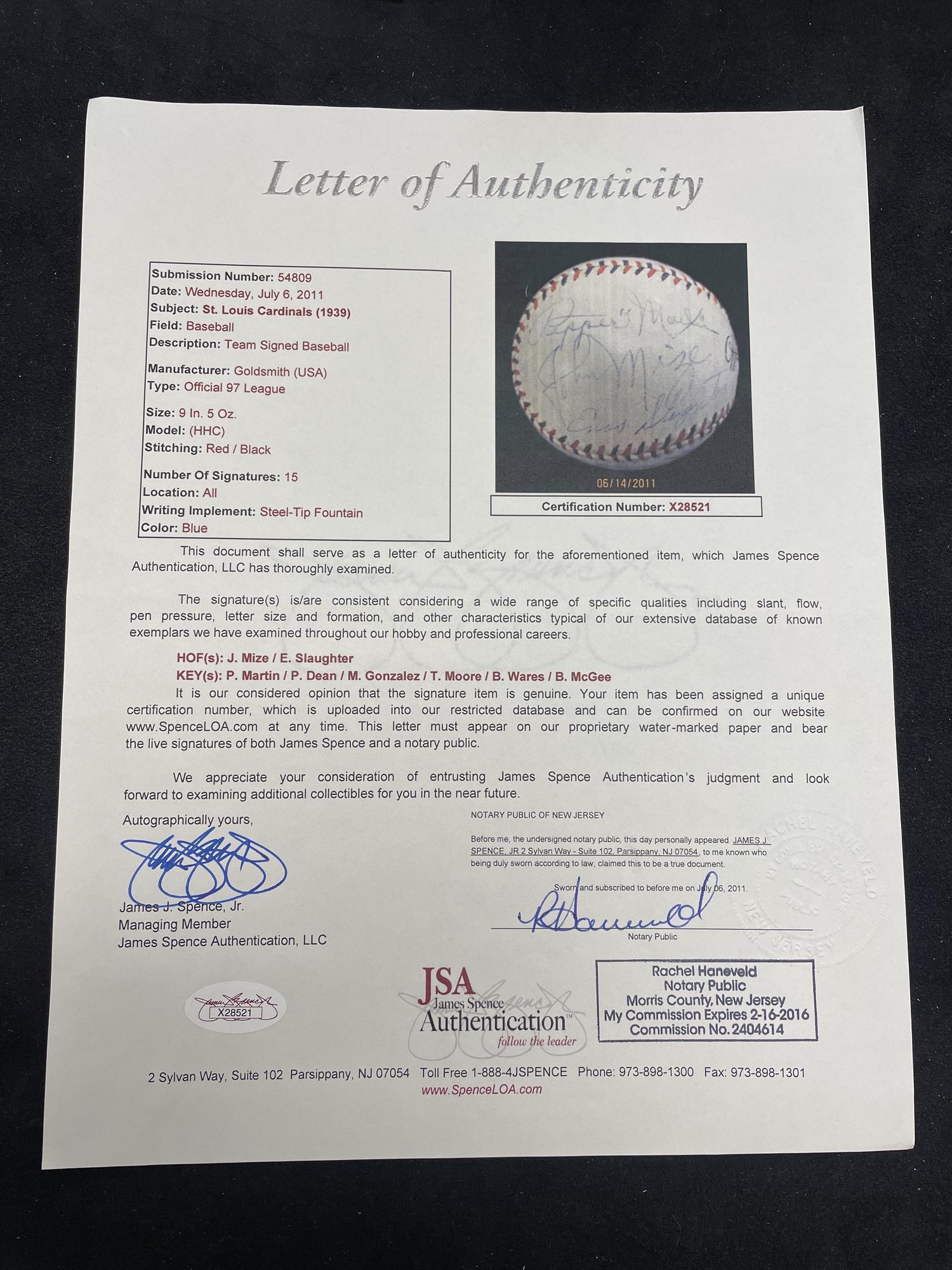 A 1939 St. Louis Cardinals Team Signed Autograph Baseball (JSA Letter of Authenticity),