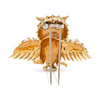 ENAMEL, RUBY AND DIAMOND OWL BROOCH