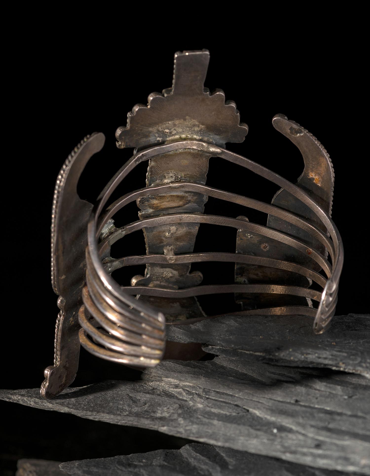 Large Silver Wire Cuff Bracelet with Mosaic Inlay Knifewing