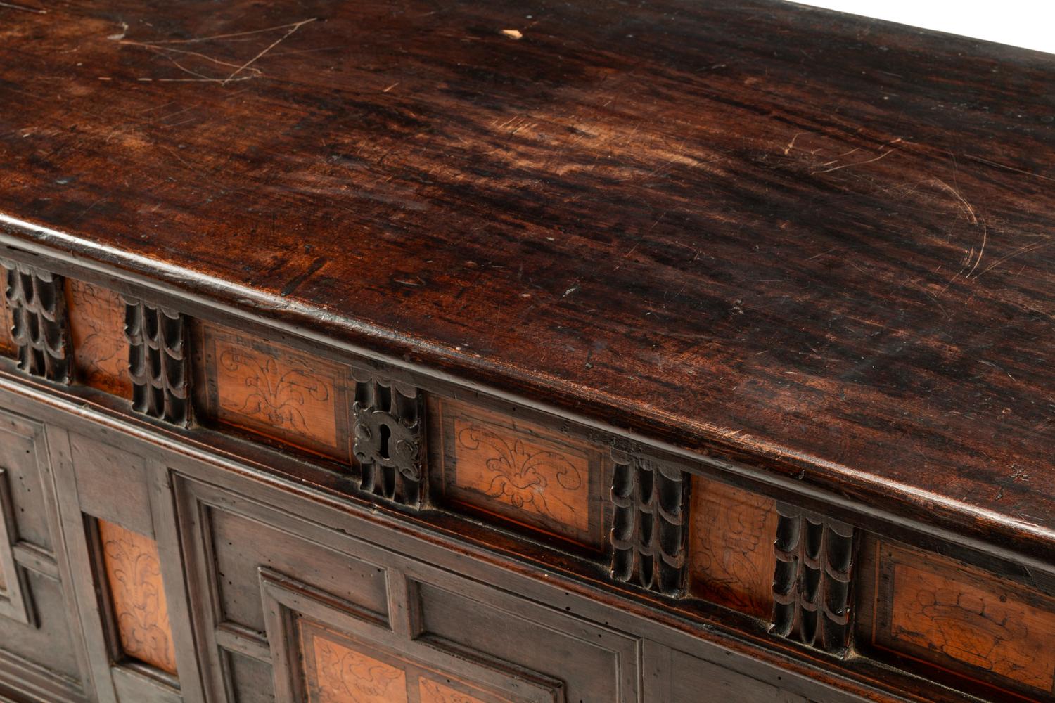A Continental Walnut and Penwork Coffer