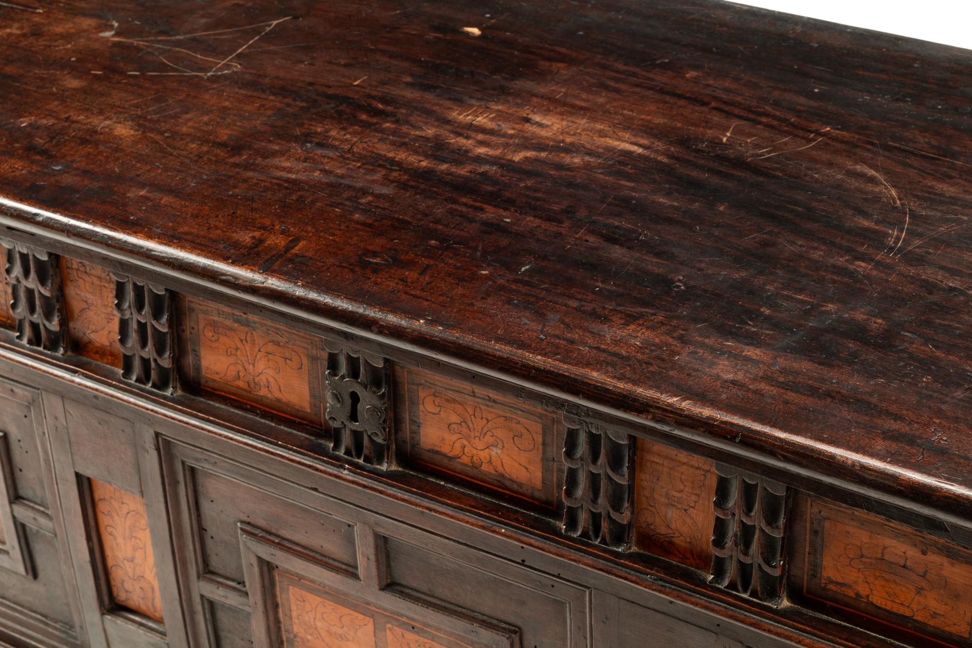 A Continental Walnut and Penwork Coffer