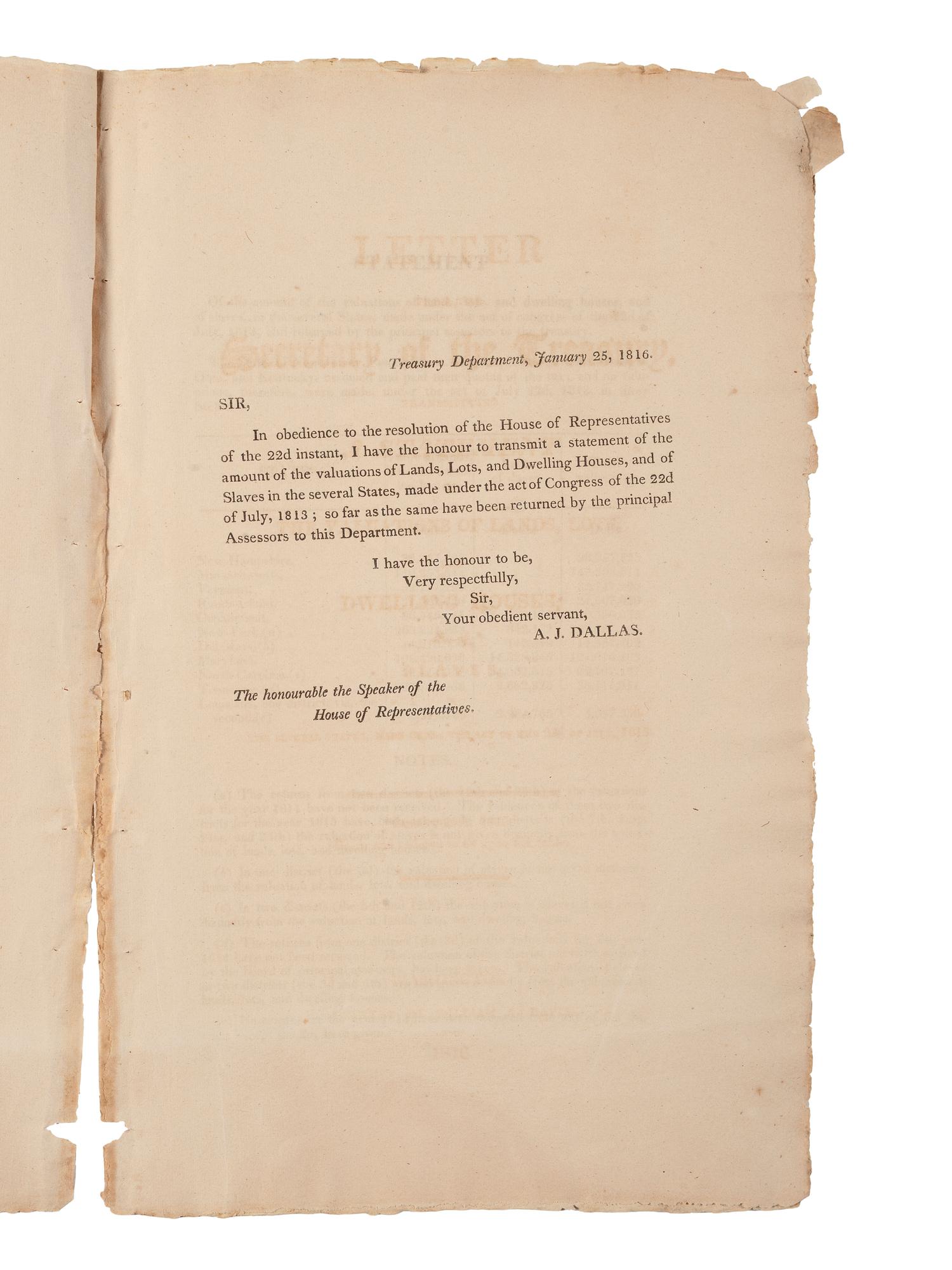 [ENSLAVEMENT & ABOLITION] ...Slaves in the Several States...." Washington: William A. Davis, 1816.