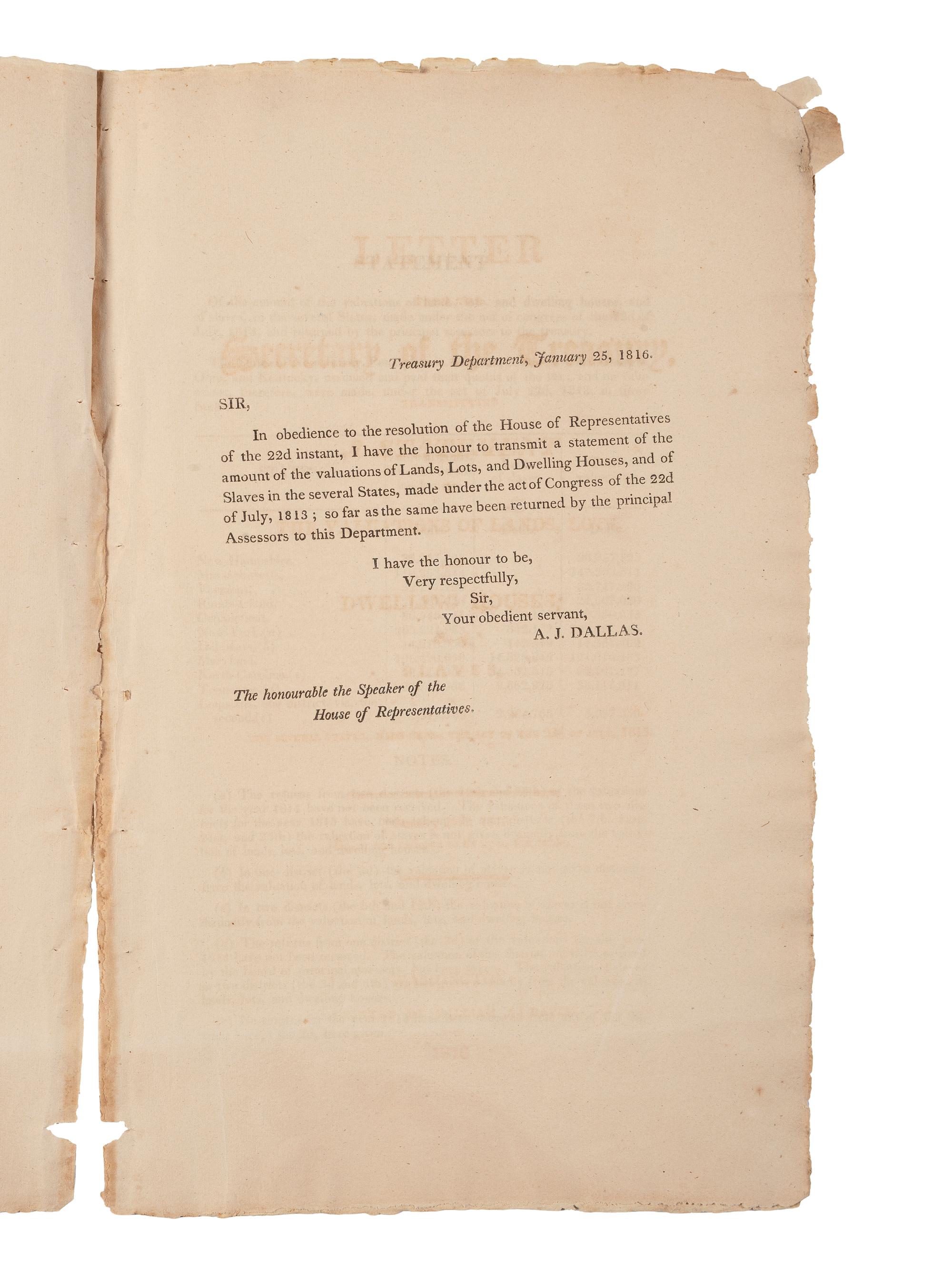 [ENSLAVEMENT & ABOLITION] ...Slaves in the Several States...." Washington: William A. Davis, 1816.