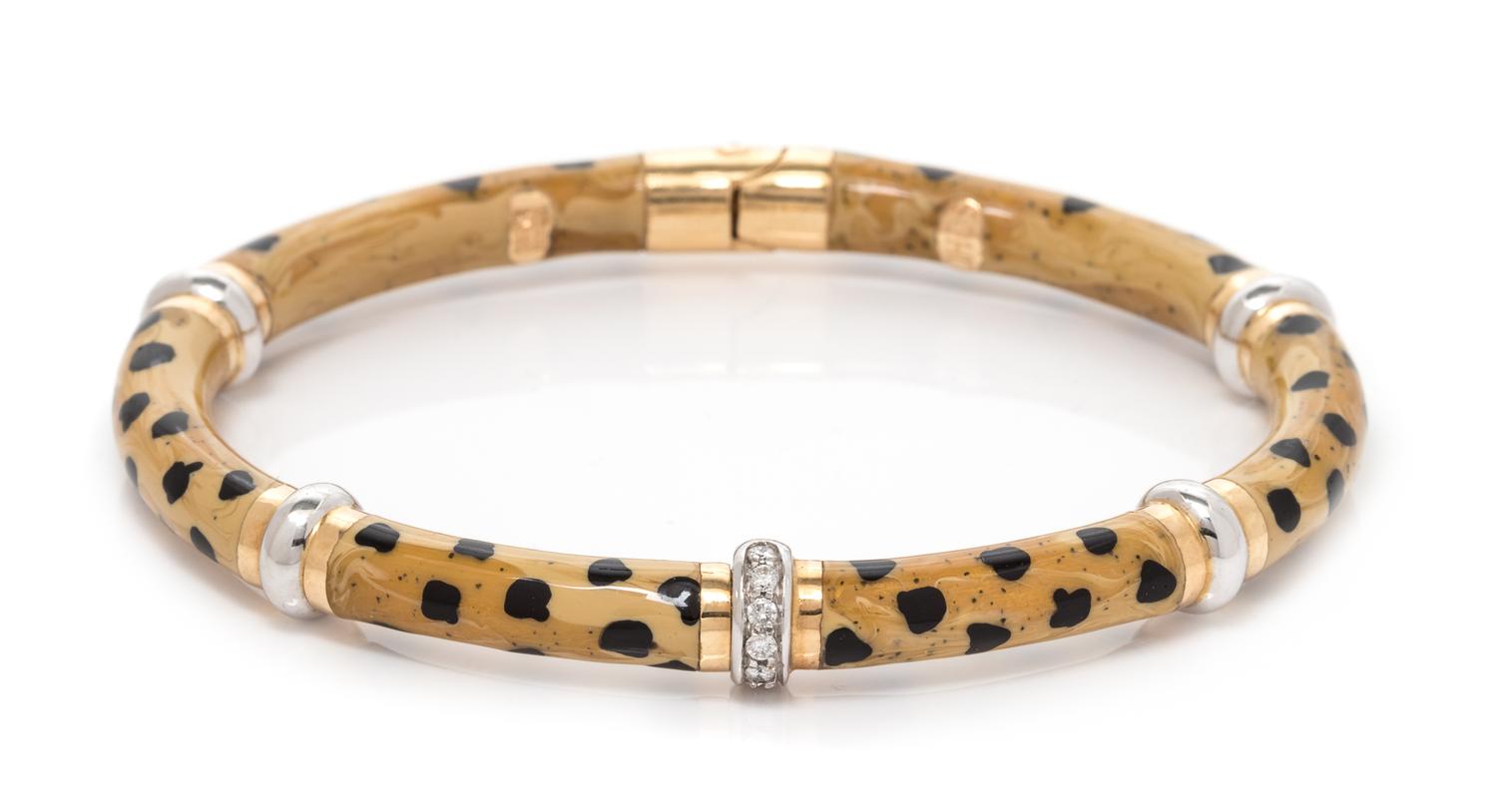 An 18 Karat Bicolor Gold, Diamond and Polychrome Enamel Bangle Bracelet, SOHO, 10.30 dwts.