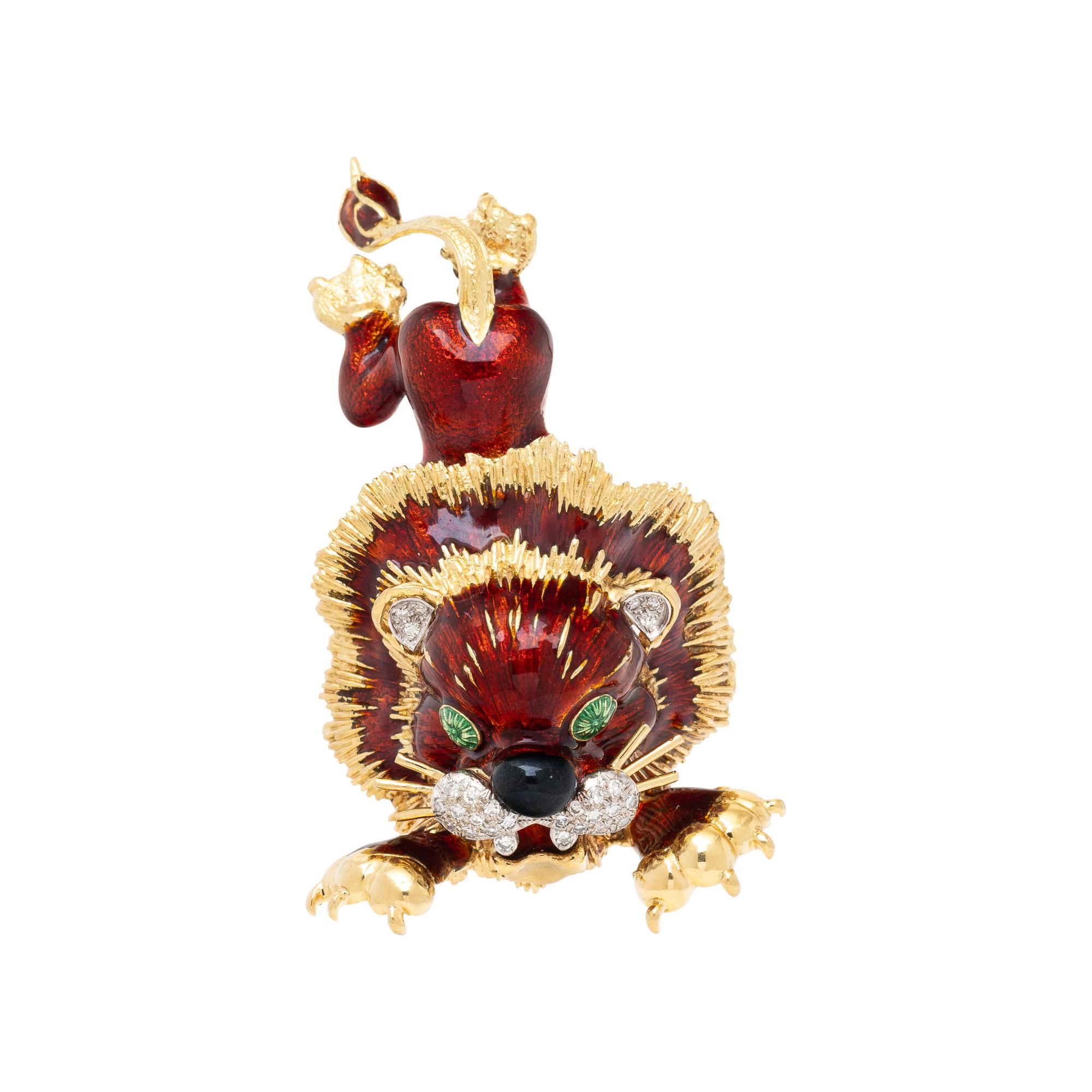 HAMMERMAN BROTHERS, ENAMEL, DIAMOND, AND YELLOW GOLD LION BROOCH