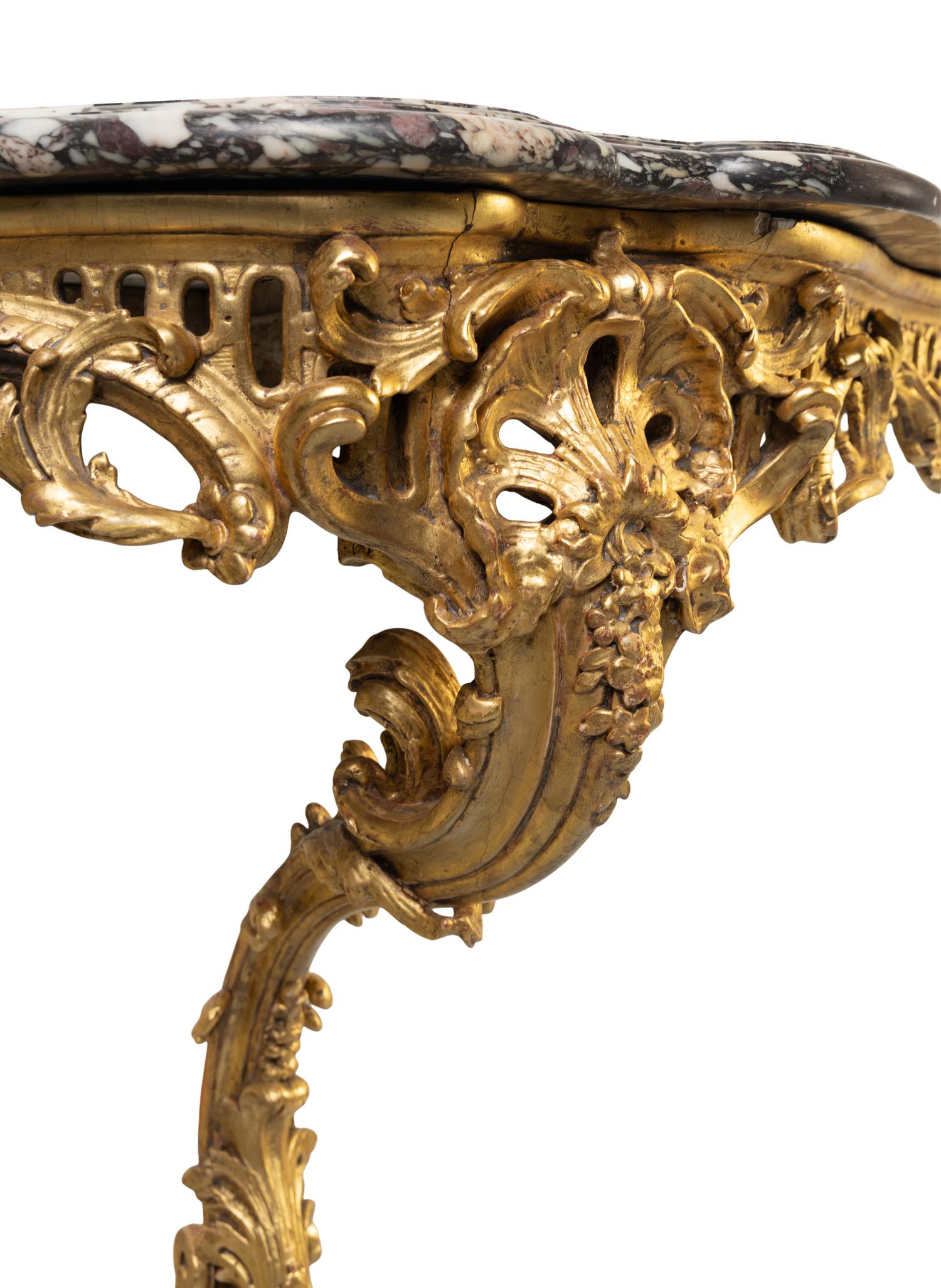 A Louis XV Giltwood and Brêche Violette Marble-Top Console Table