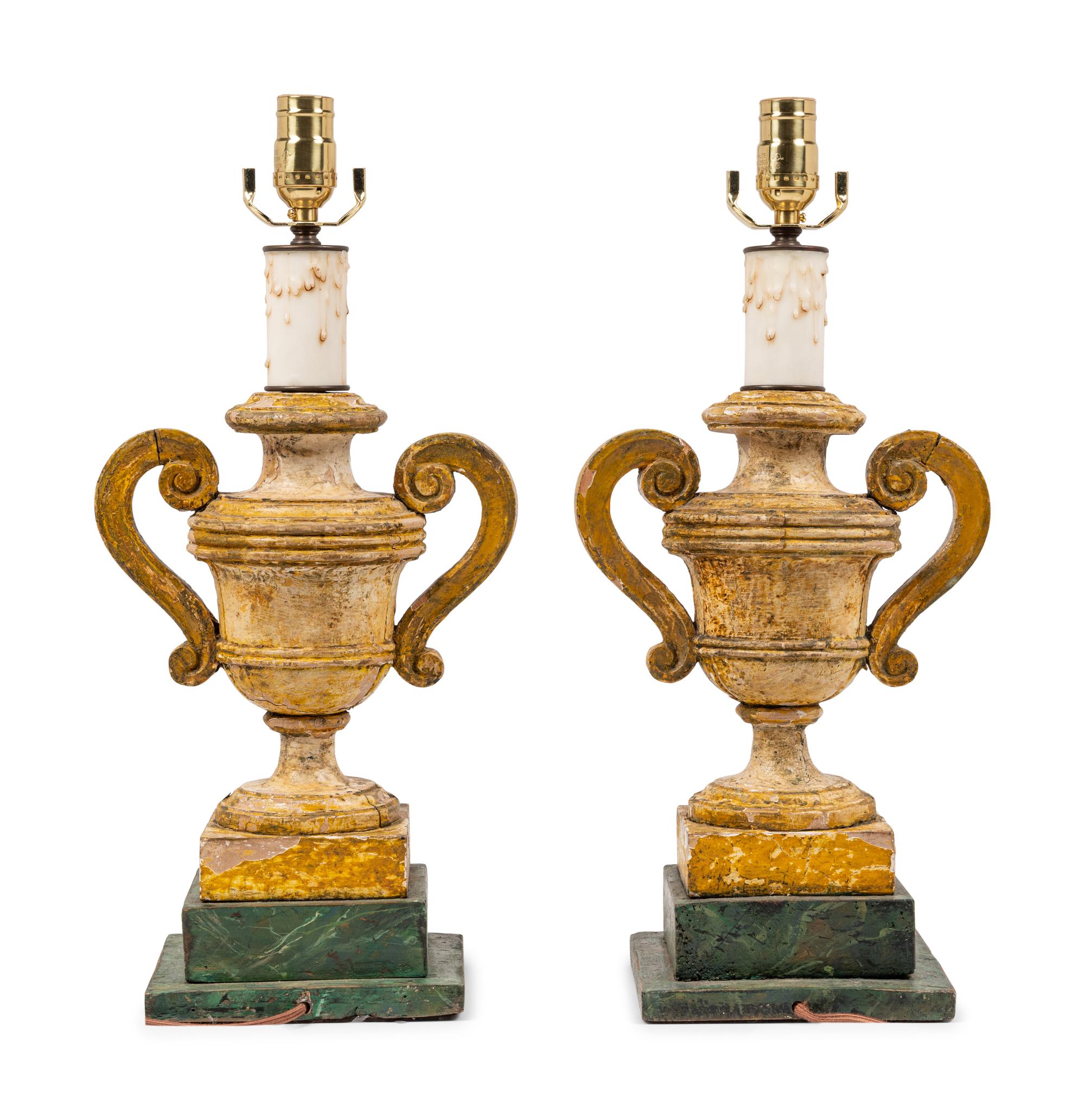 A Pair of Italian Painted Urn-Form Finials Mounted as Lamps