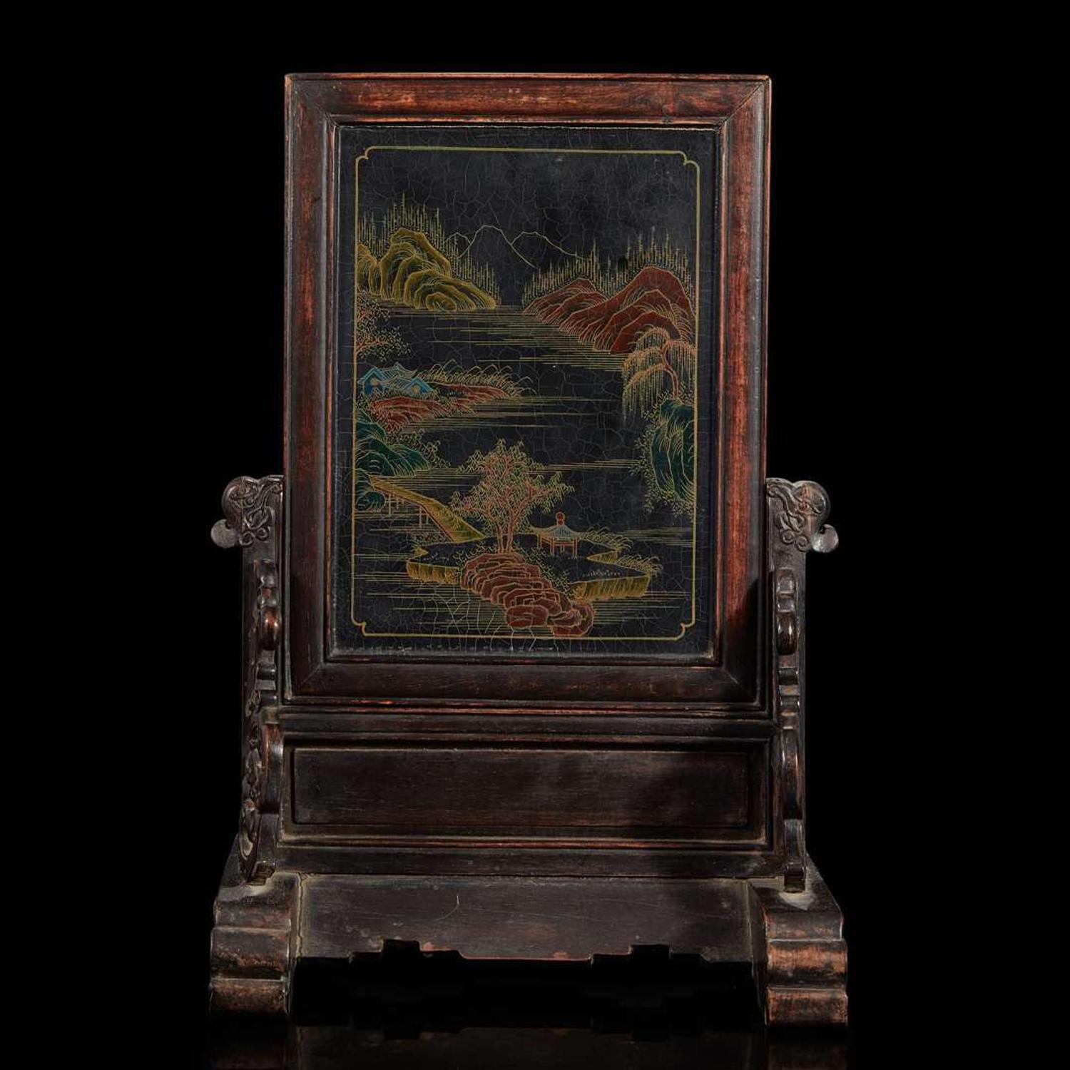 A Chinese embellished lacquer and carved hardwood table screen