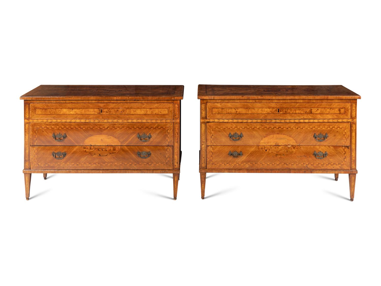 A Pair of North Italian Neoclassical Sans Traverse Walnut and Fruitwood Marquetry Commodes