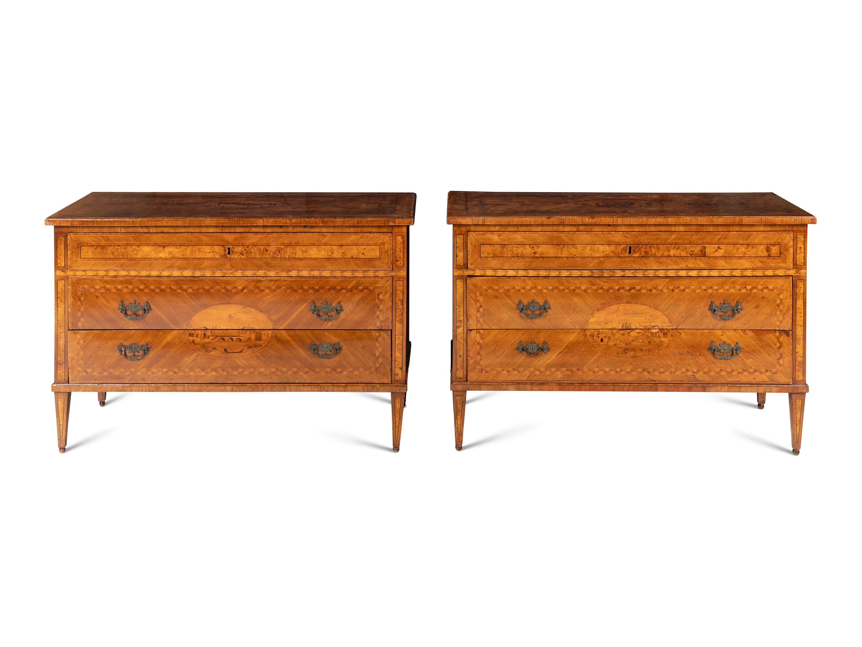 A Pair of North Italian Neoclassical Sans Traverse Walnut and Fruitwood Marquetry Commodes