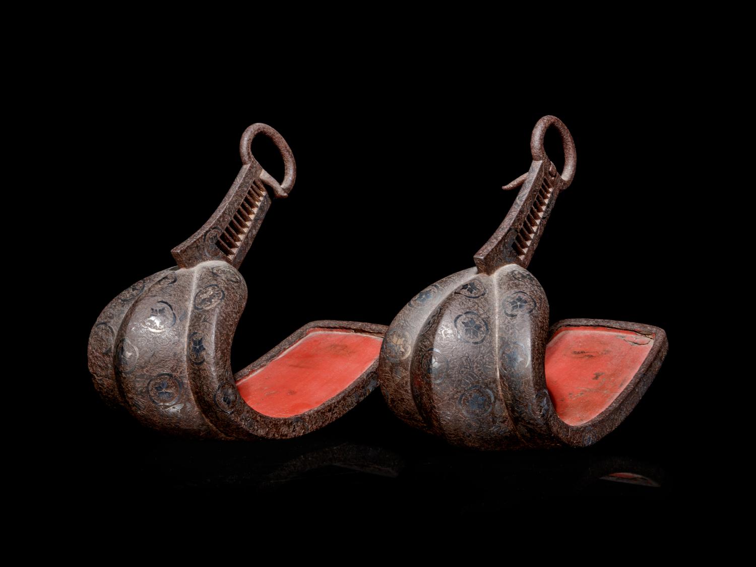 A Pair of Inlaid and Lacquered Iron Stirrups, Abumi