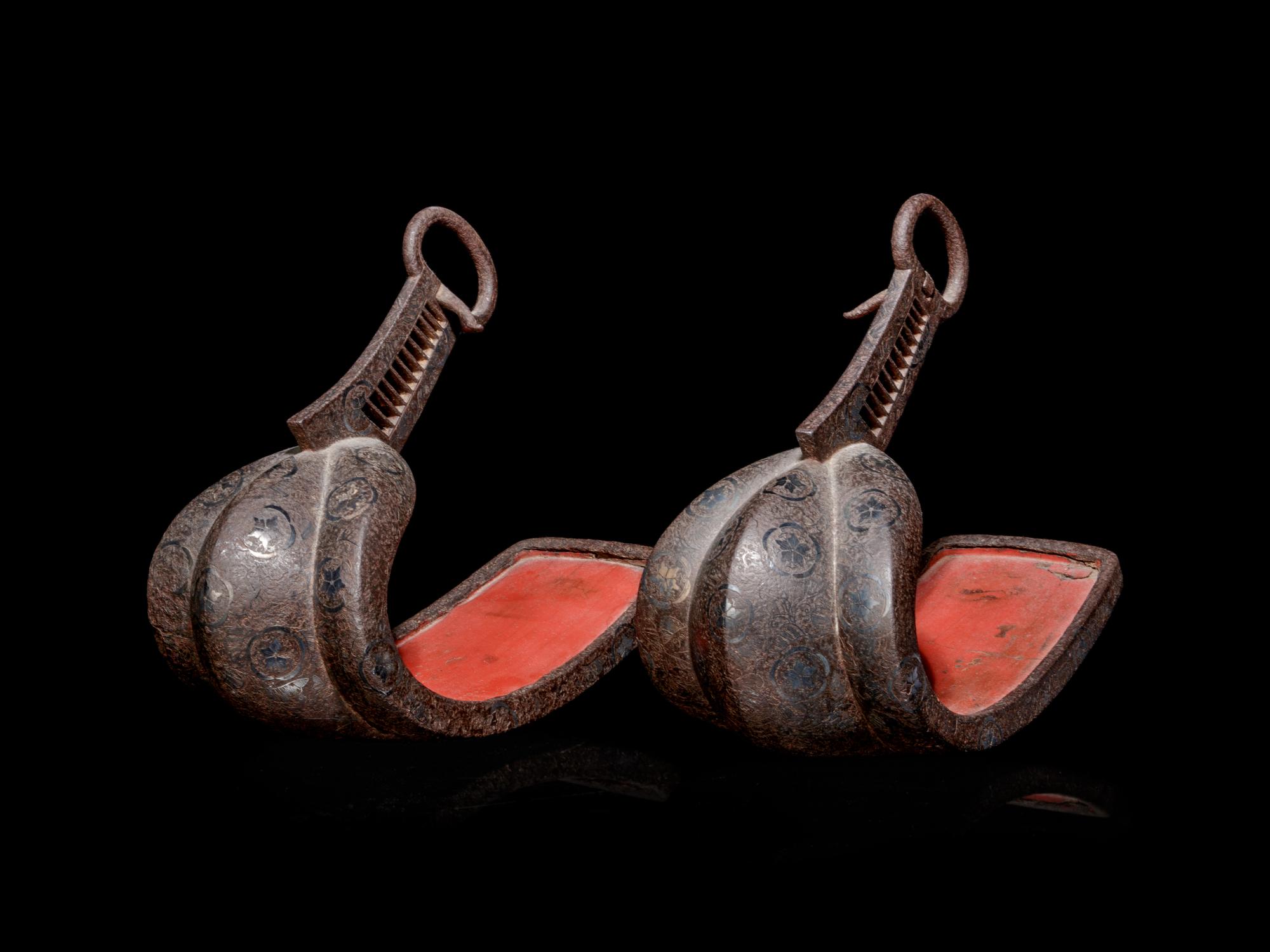 A Pair of Inlaid and Lacquered Iron Stirrups, Abumi