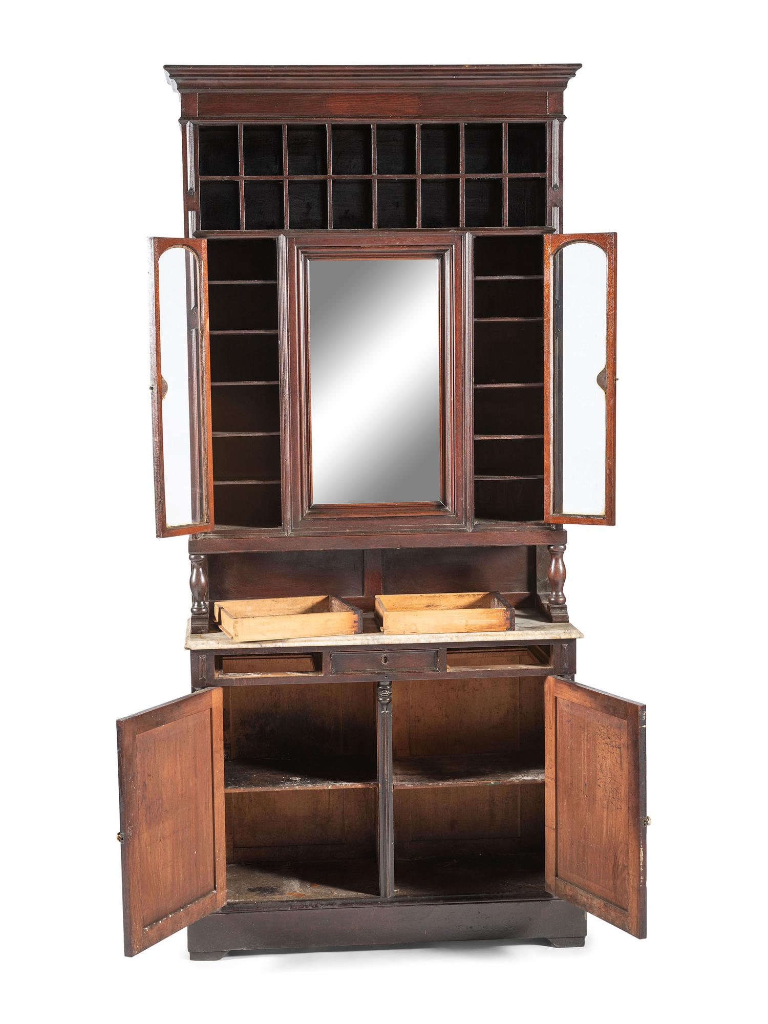 An Oak Stepback Marble Top Barbershop Cabinet