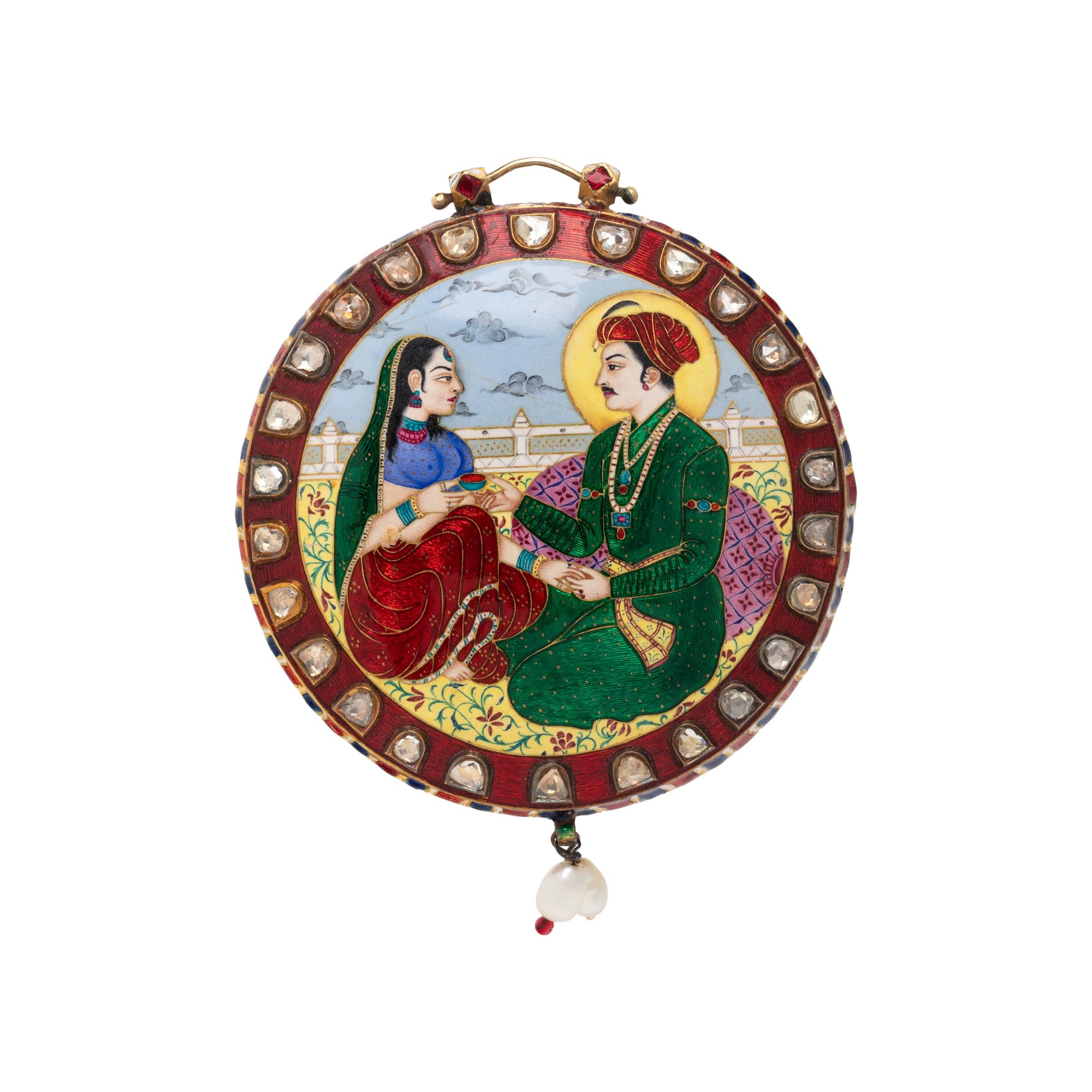 MUGHAL-STYLE, ENAMEL, DIAMOND, AND CULTURED PEARL PENDANT