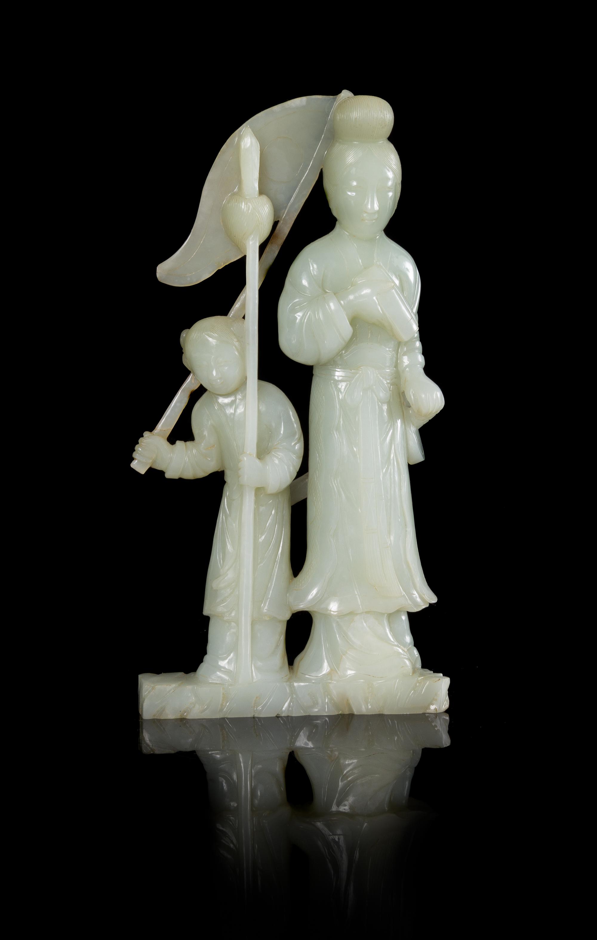 A Celadon Jade Figural Group Height 8 1/8 inches. — 20TH CENTURY