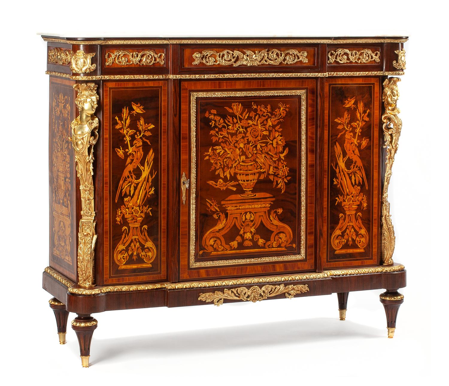 A Louis XVI Style Gilt Bronze Mounted Marquetry Cabinet Height 46 1/2 x width 54 x depth 19 1/2 inches.