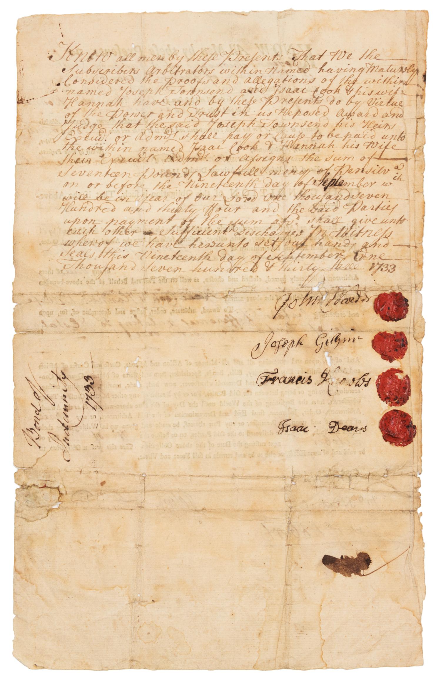 [FRANKLIN PRINTING]. "Know all men by these presents, that we…" [Philadelphia: Benjamin Franklin, ca 1733].
