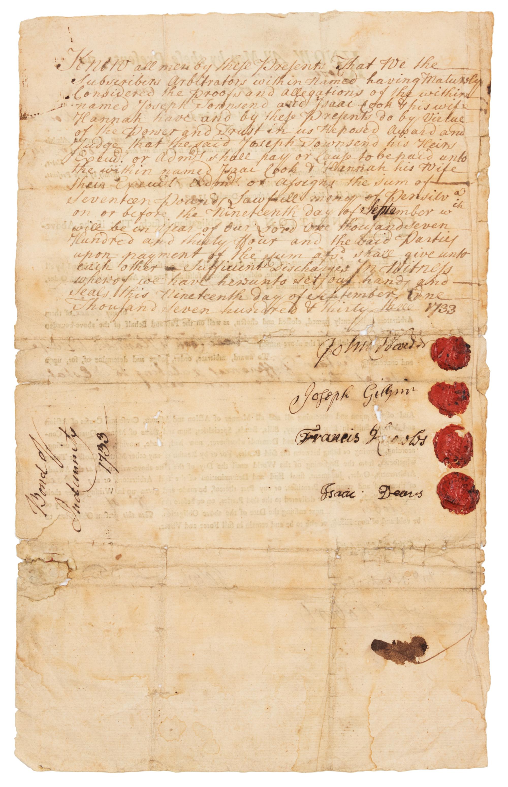 [FRANKLIN PRINTING]. "Know all men by these presents, that we…" [Philadelphia: Benjamin Franklin, ca 1733].