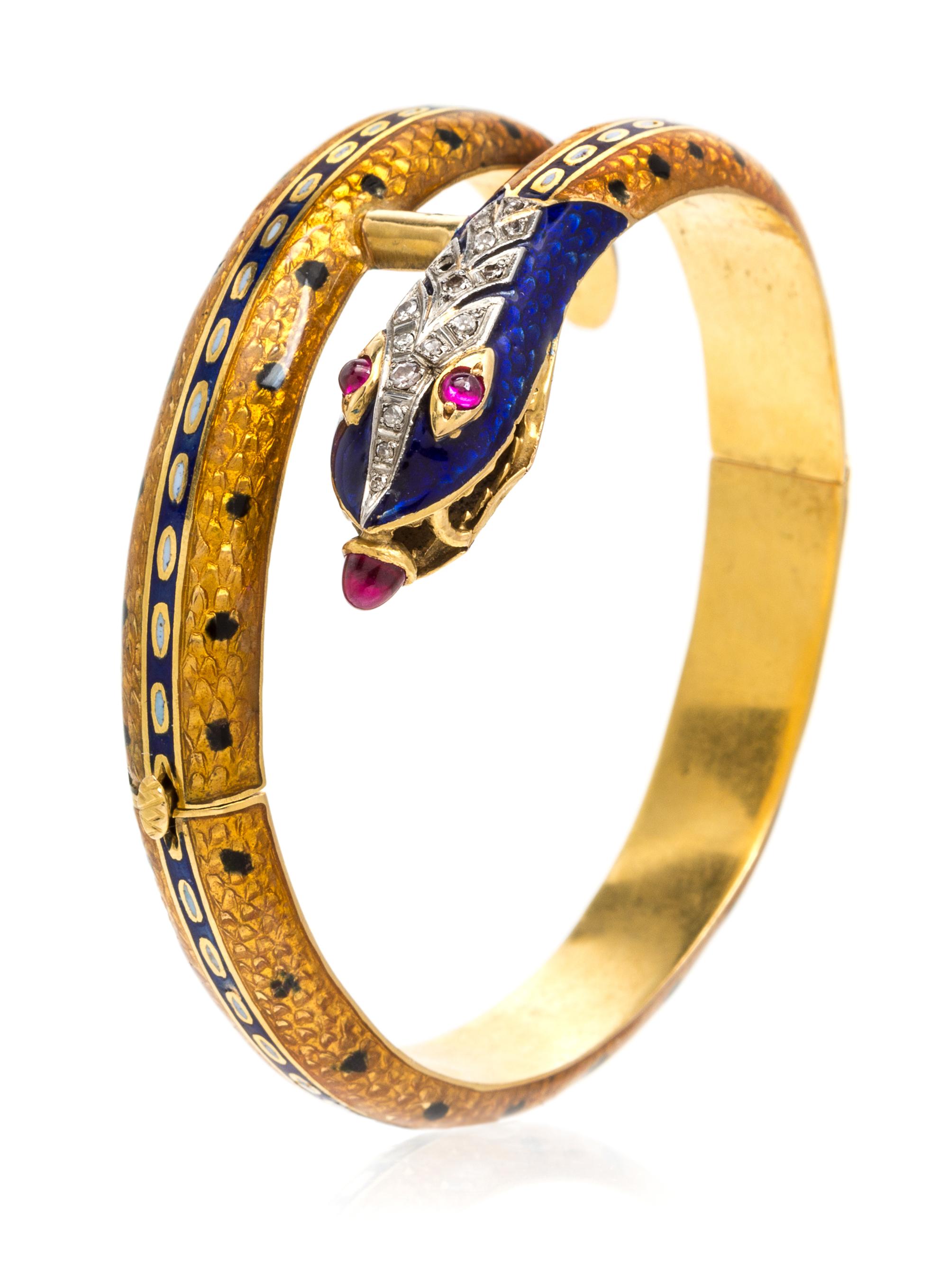 A 21 Karat Yellow Gold, Diamond, Synthetic Ruby and Polychrome Enamel Snake Motif Bangle Bracelet, 29.1 dwts.