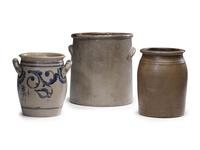 Three Cobalt Decorated Stoneware Vessels