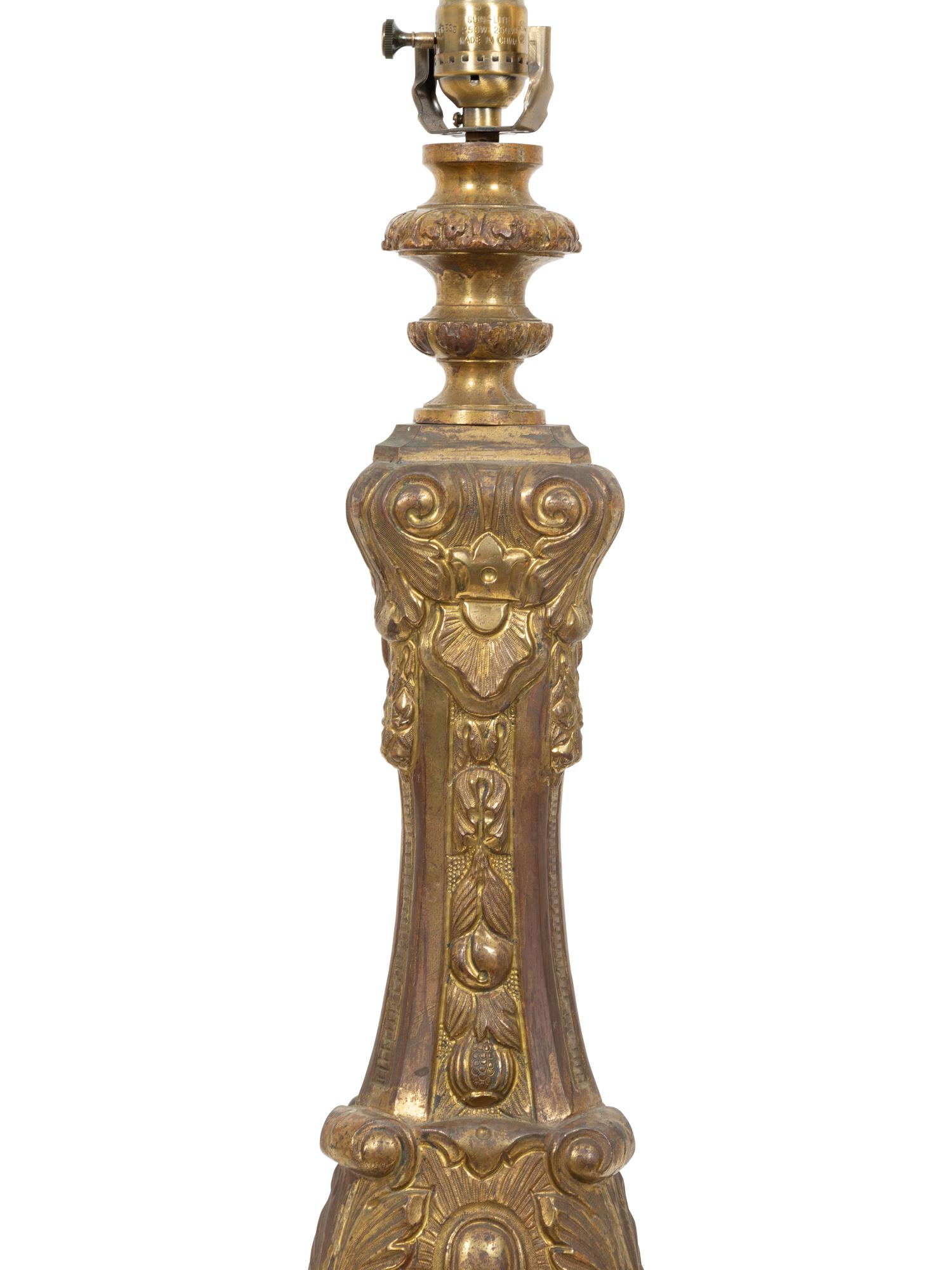 A Continental Chased Brass Pricket-Style Table Lamp