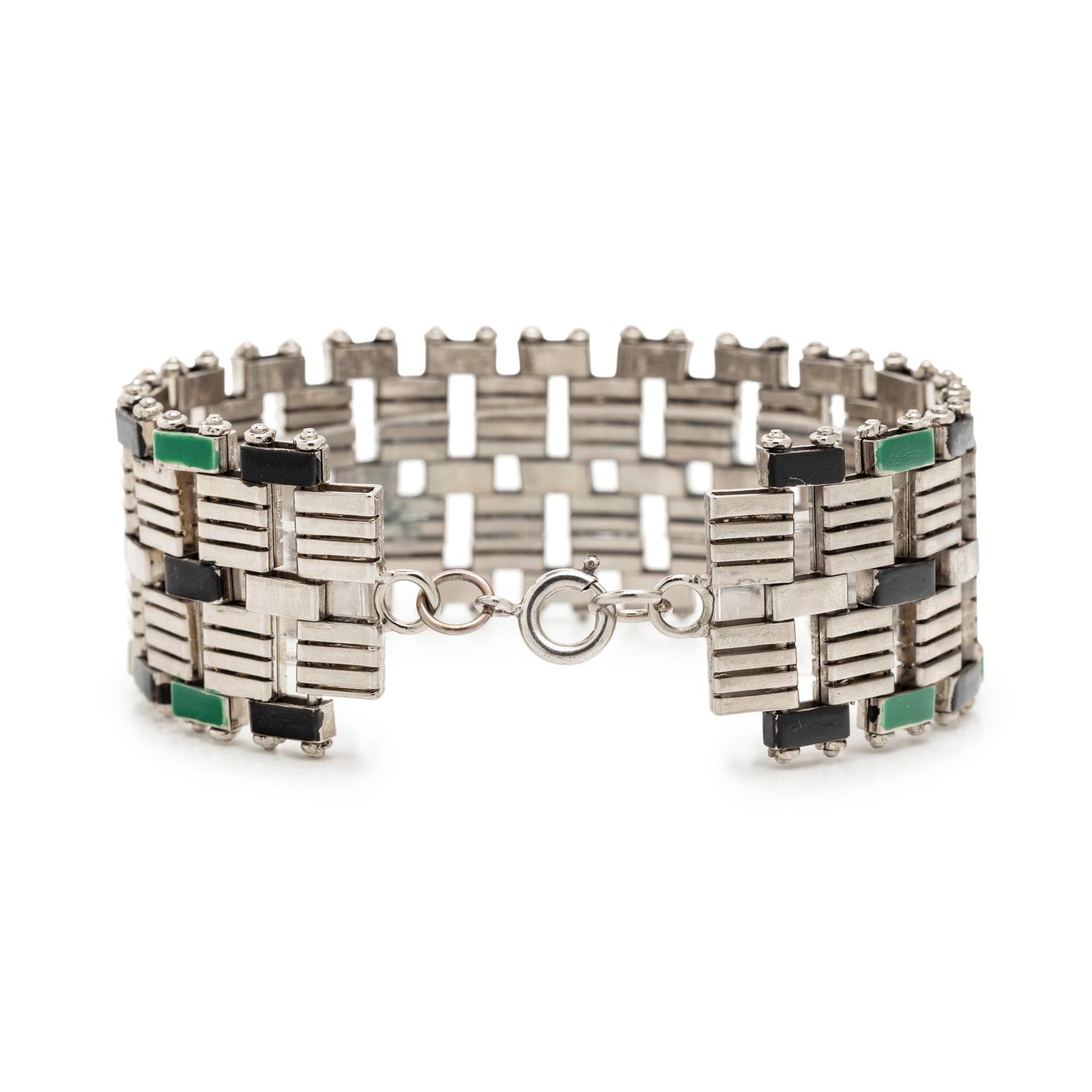 ART DECO, CHROME-PLATED BRASS AND ENAMEL BRACELET