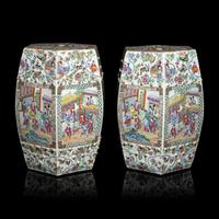 A Pair of Chinese Canton Famille Rose Porcelain Hexagonal Garden Stools, 19th Century — 清晚期 廣彩人物故事圖六方瓷坐墩