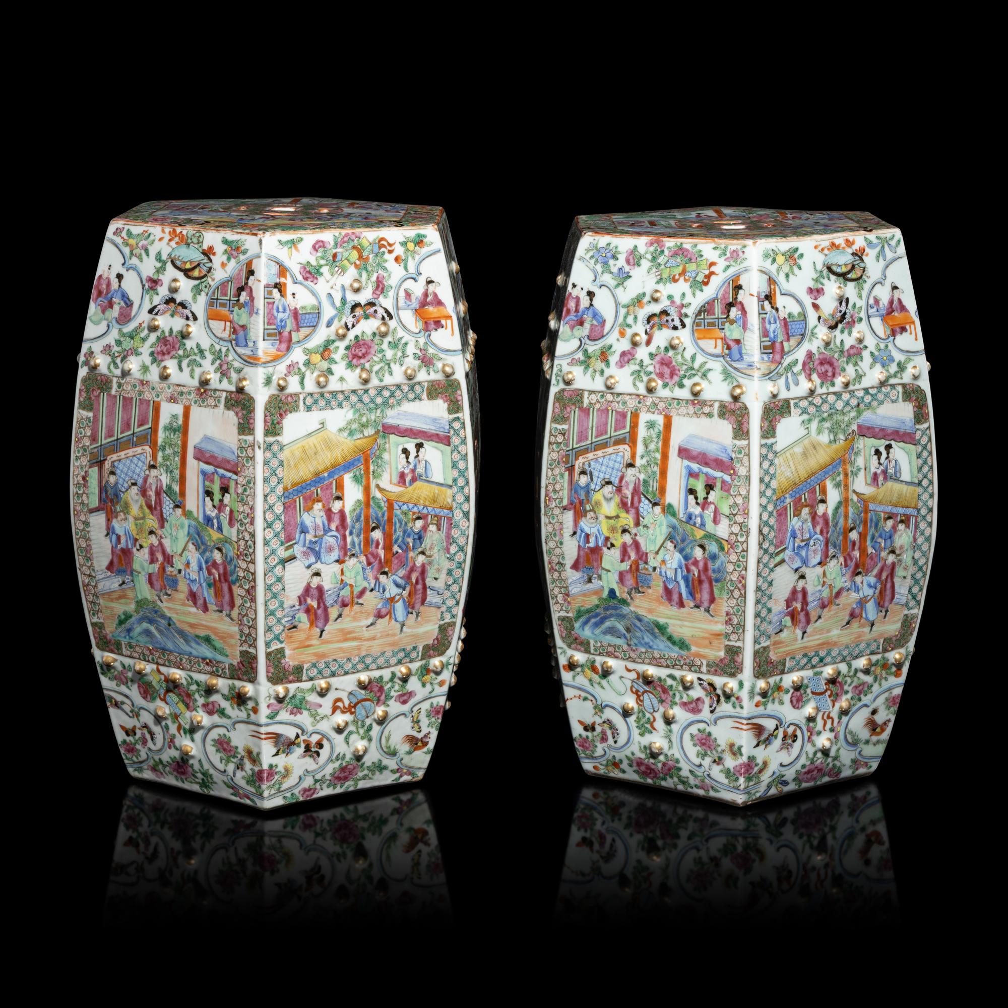 A Pair of Chinese Canton Famille Rose Porcelain Hexagonal Garden Stools, 19th Century — 清晚期 廣彩人物故事圖六方瓷坐墩