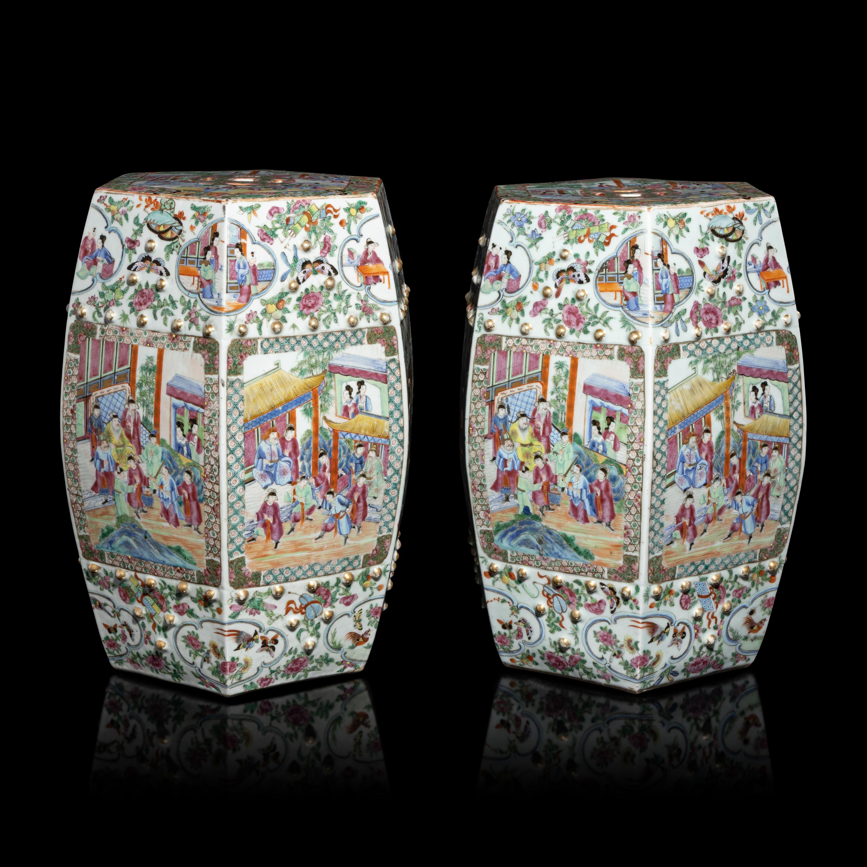 A Pair of Chinese Canton Famille Rose Porcelain Hexagonal Garden Stools, 19th Century — 清晚期 廣彩人物故事圖六方瓷坐墩