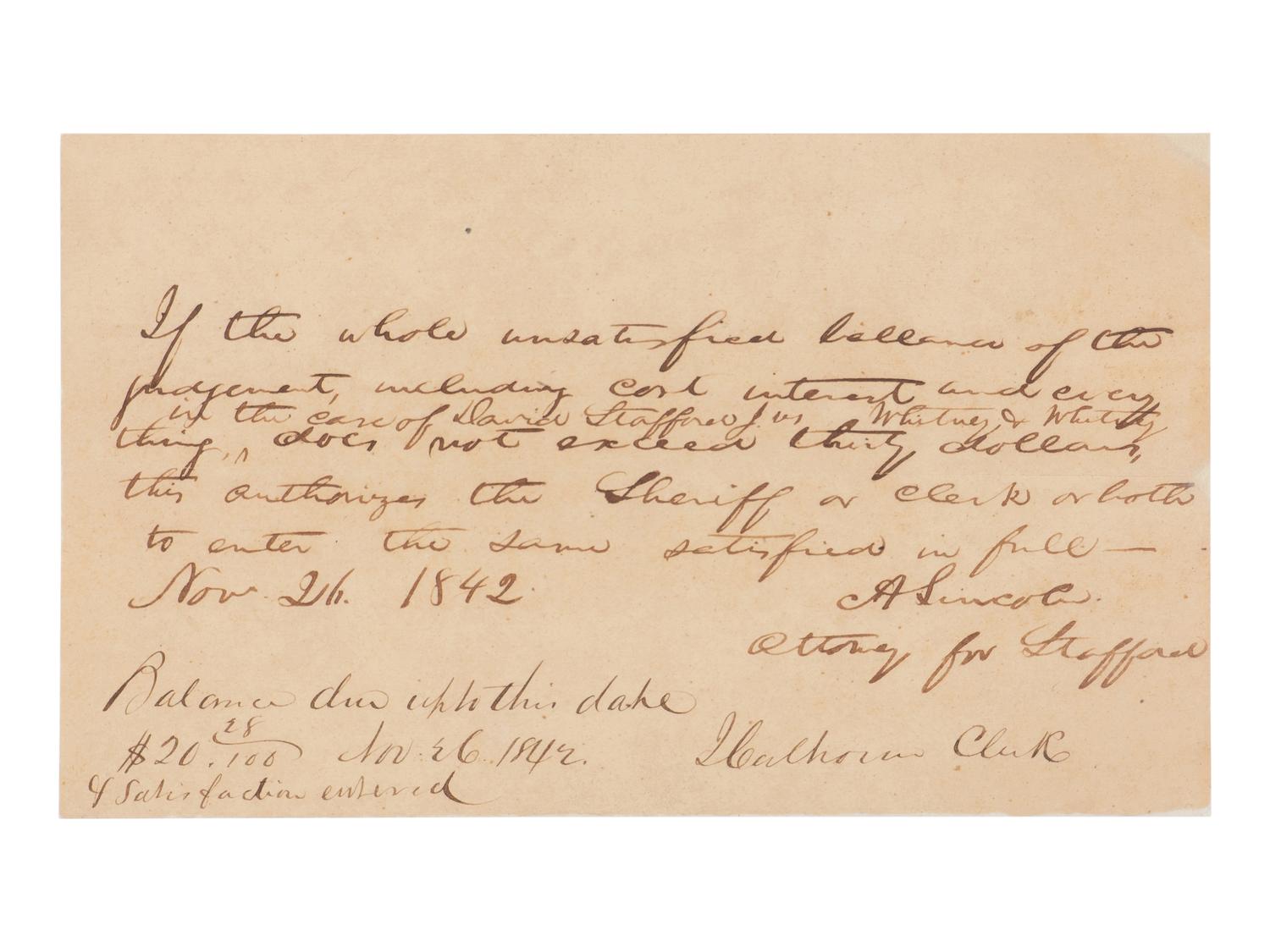 LINCOLN, Abraham (1809-1865). Autograph document signed ("A. Lincoln"), [Springfield], 26 November 1842.