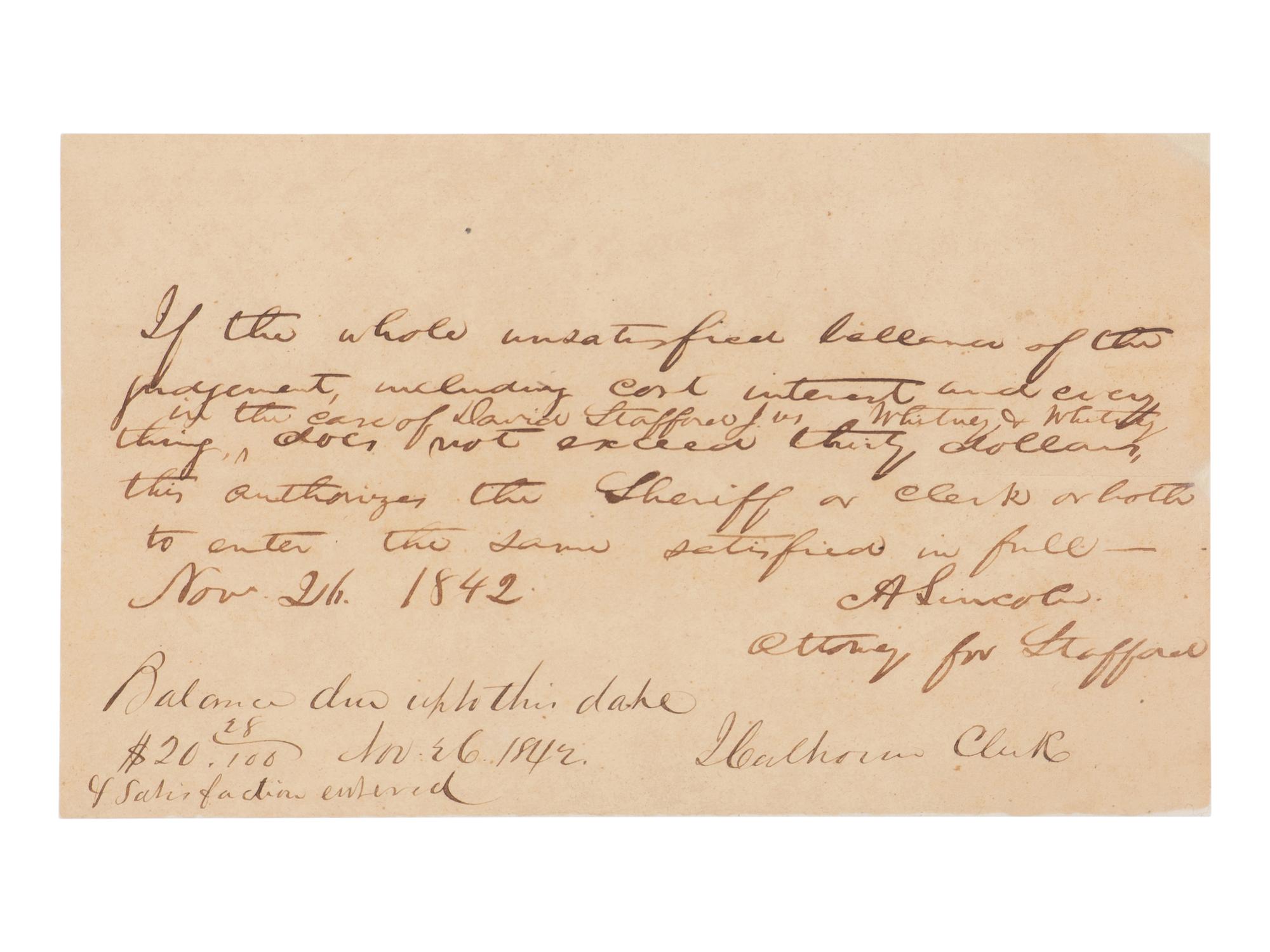 LINCOLN, Abraham (1809-1865). Autograph document signed ("A. Lincoln"), [Springfield], 26 November 1842.