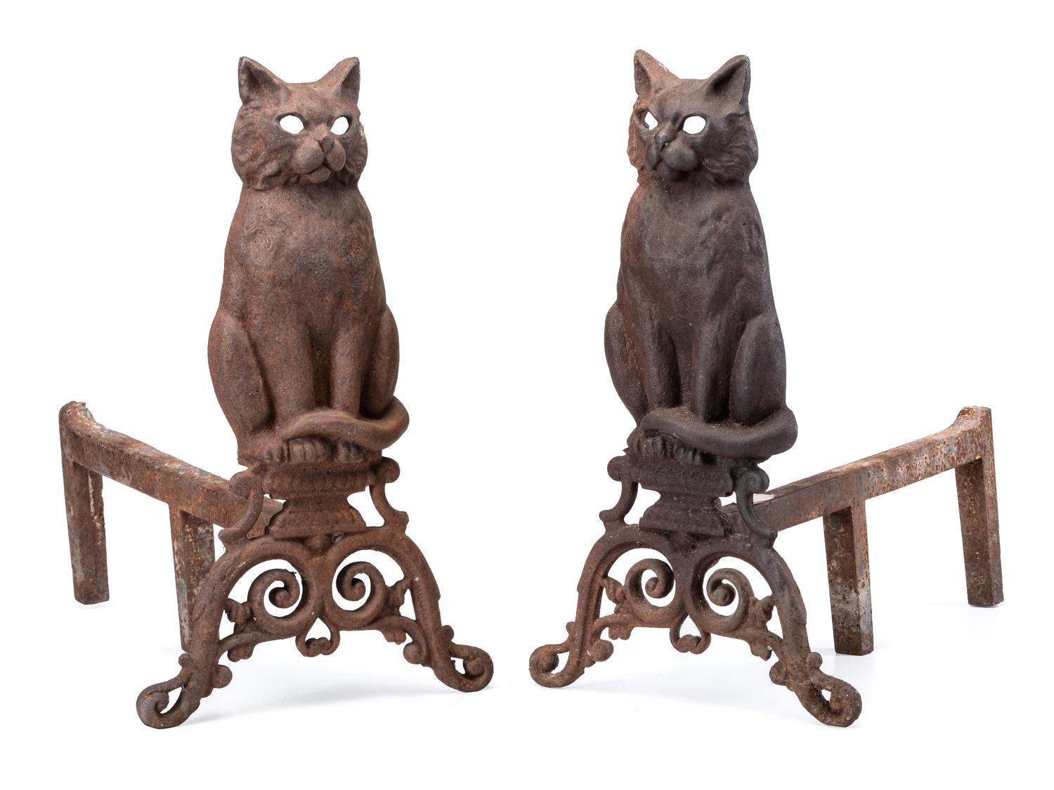 A Pair of Cast Iron Cat-Form Andirons