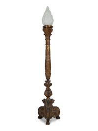 A Pair of Italian Baroque Style Giltwood Torchères with Frosted Glass Flame-Form Shades