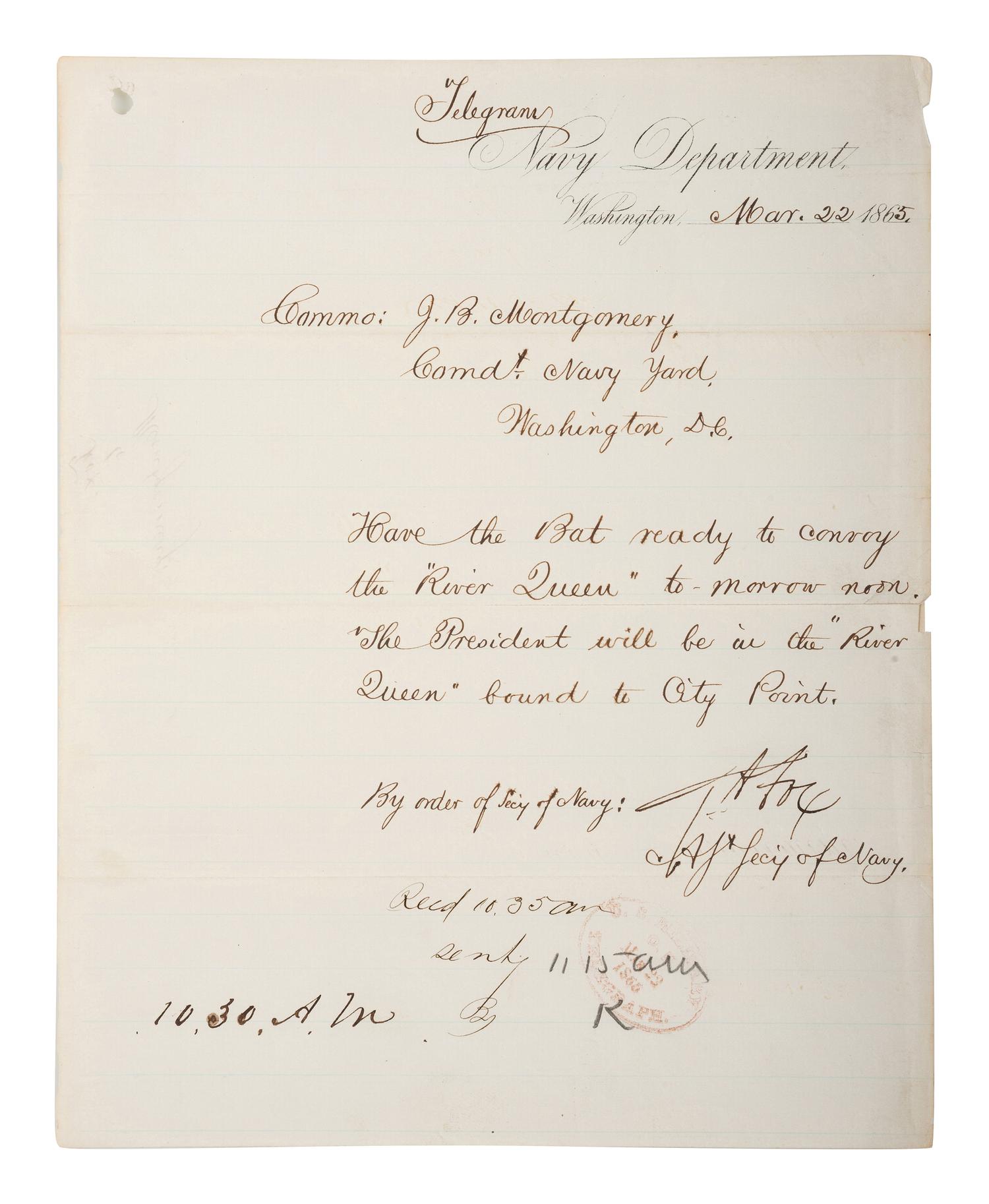 [CIVIL WAR - NAVY] -- [LINCOLNIANA]. A group of 6 documents relating to Lincoln naval visits, comprising: