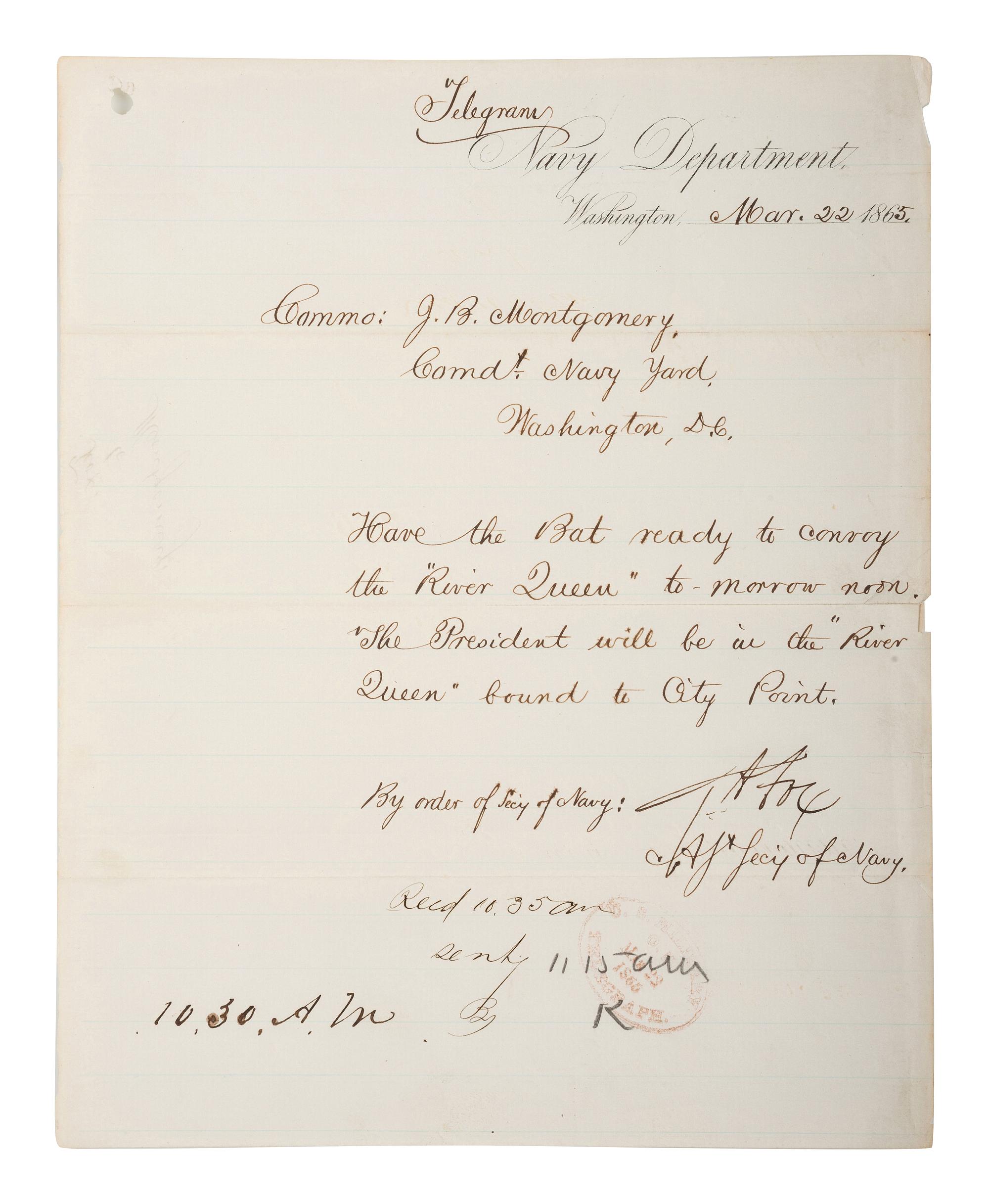 [CIVIL WAR - NAVY] -- [LINCOLNIANA]. A group of 6 documents relating to Lincoln naval visits, comprising: