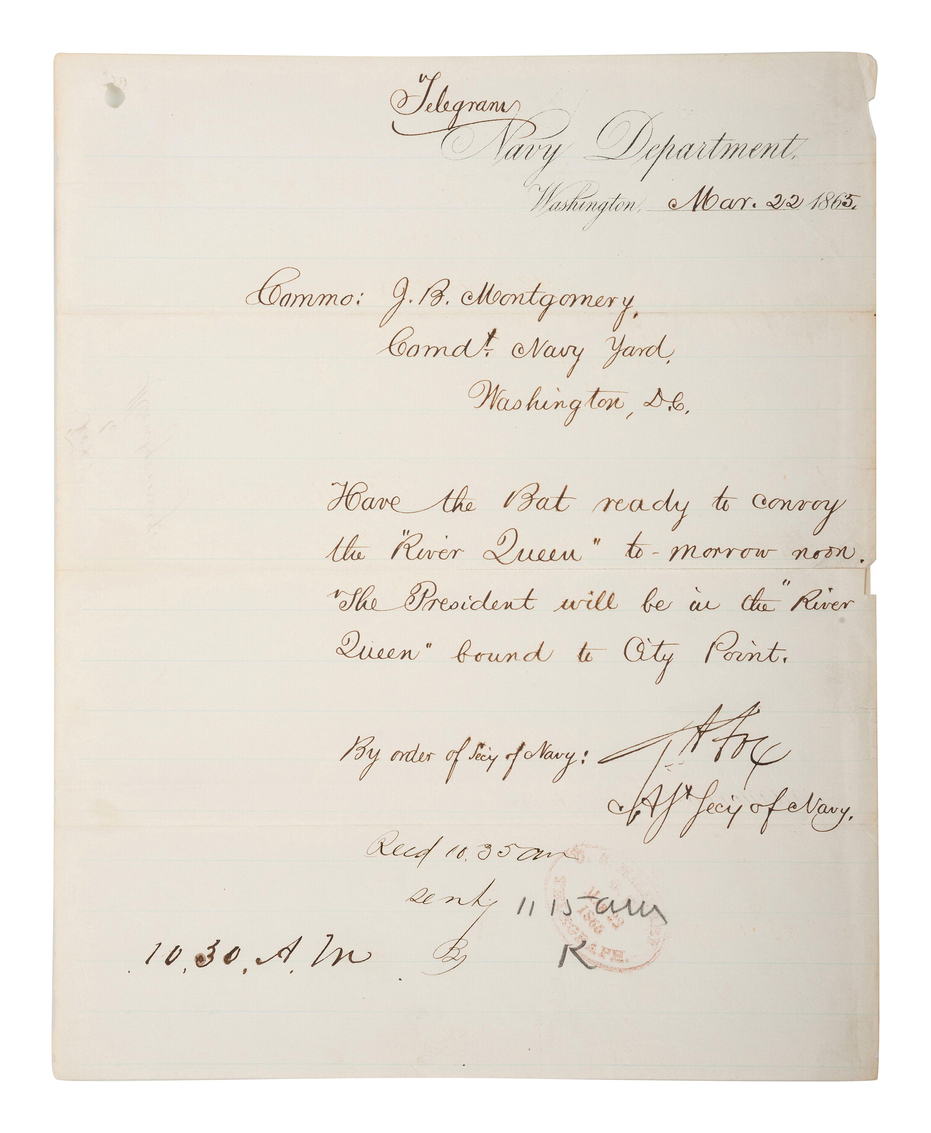 [CIVIL WAR - NAVY] -- [LINCOLNIANA]. A group of 6 documents relating to Lincoln naval visits, comprising:
