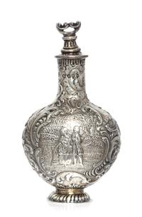 A Victorian Silver Scent Bottle, Likely Charles Engelhard, London, 1887, the body worked to show a courting couple in a garden within a