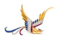 A Retro Yellow Gold, Platinum, Diamond, Ruby, Sapphire and Colored Diamond Bird Brooch, Oscar Heyman and Brothers, Circa 1940, 17.20 dw