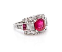 A Retro Palladium, Burmese Ruby and Diamond Ring, Tiffany & Co., 3.40 dwts.