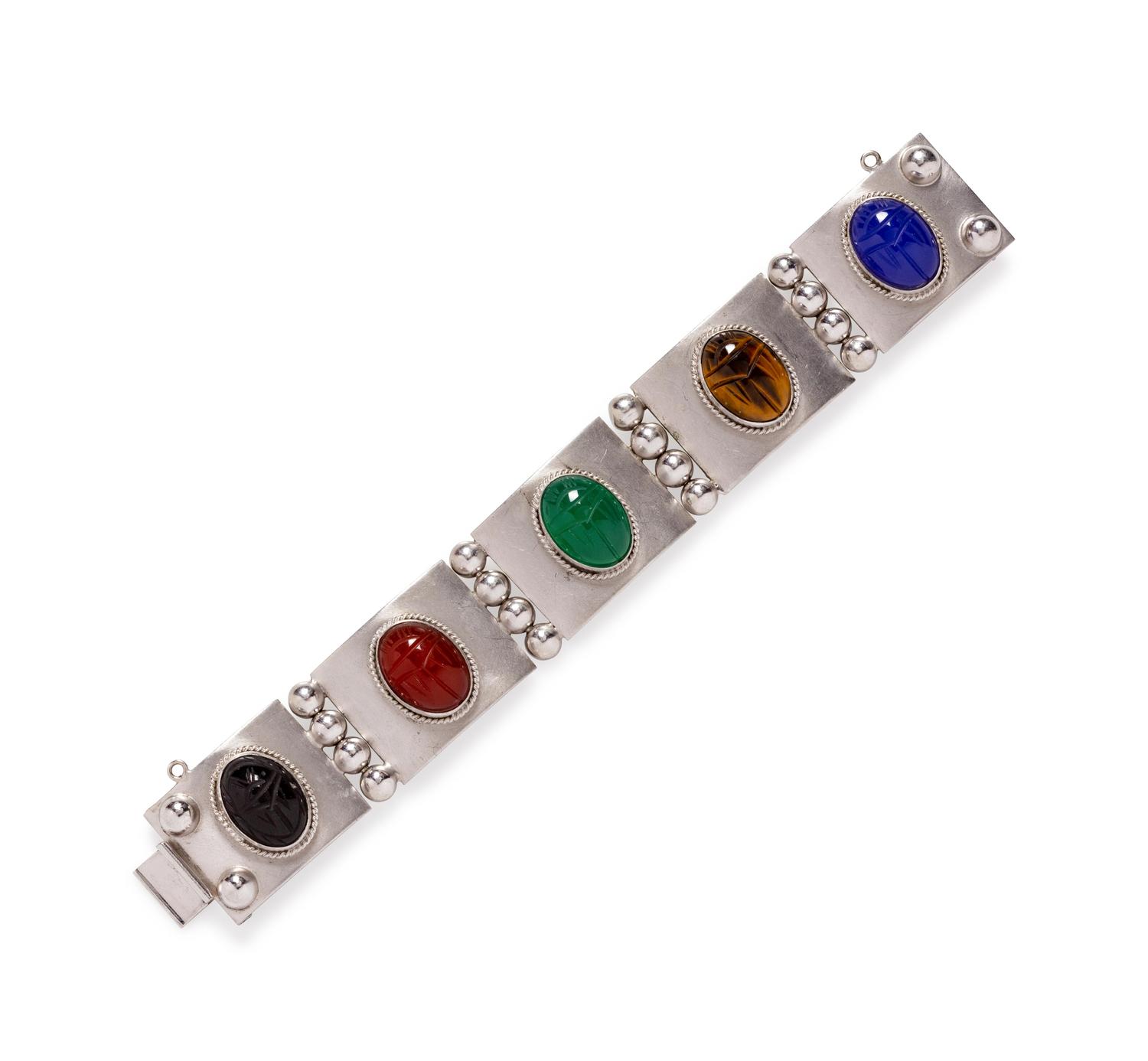 A Sterling Silver and Hardstone Scarab Bracelet, Harry S. Bick,