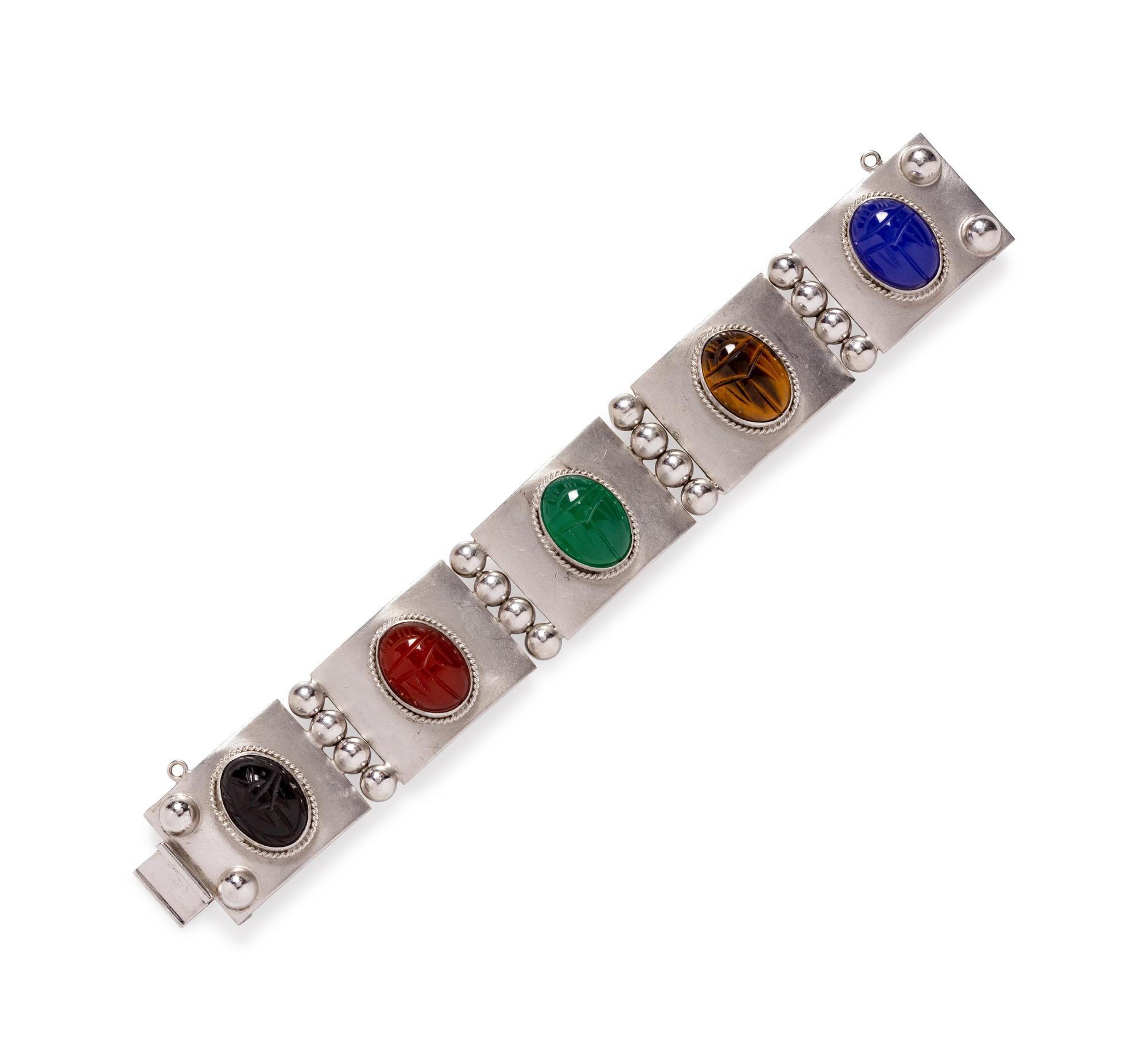 A Sterling Silver and Hardstone Scarab Bracelet, Harry S. Bick,